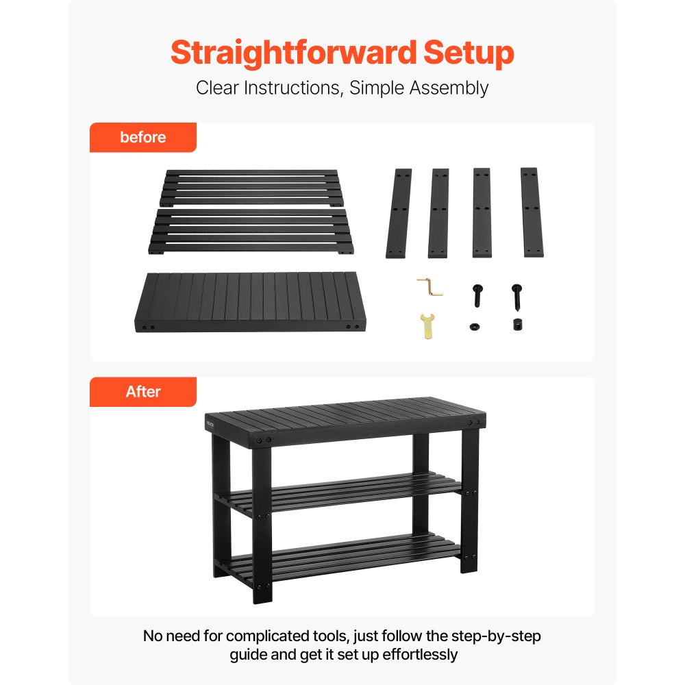 VEVOR Shoe Rack Bench, 3-Tier Bamboo Entryway Bench, Shoe Storage Organizer Holds Up to 286 lbs, 27.6 x 11.3 x 17.8 Inches, for Front Door, Hallway, Living Room, Bedroom, Black