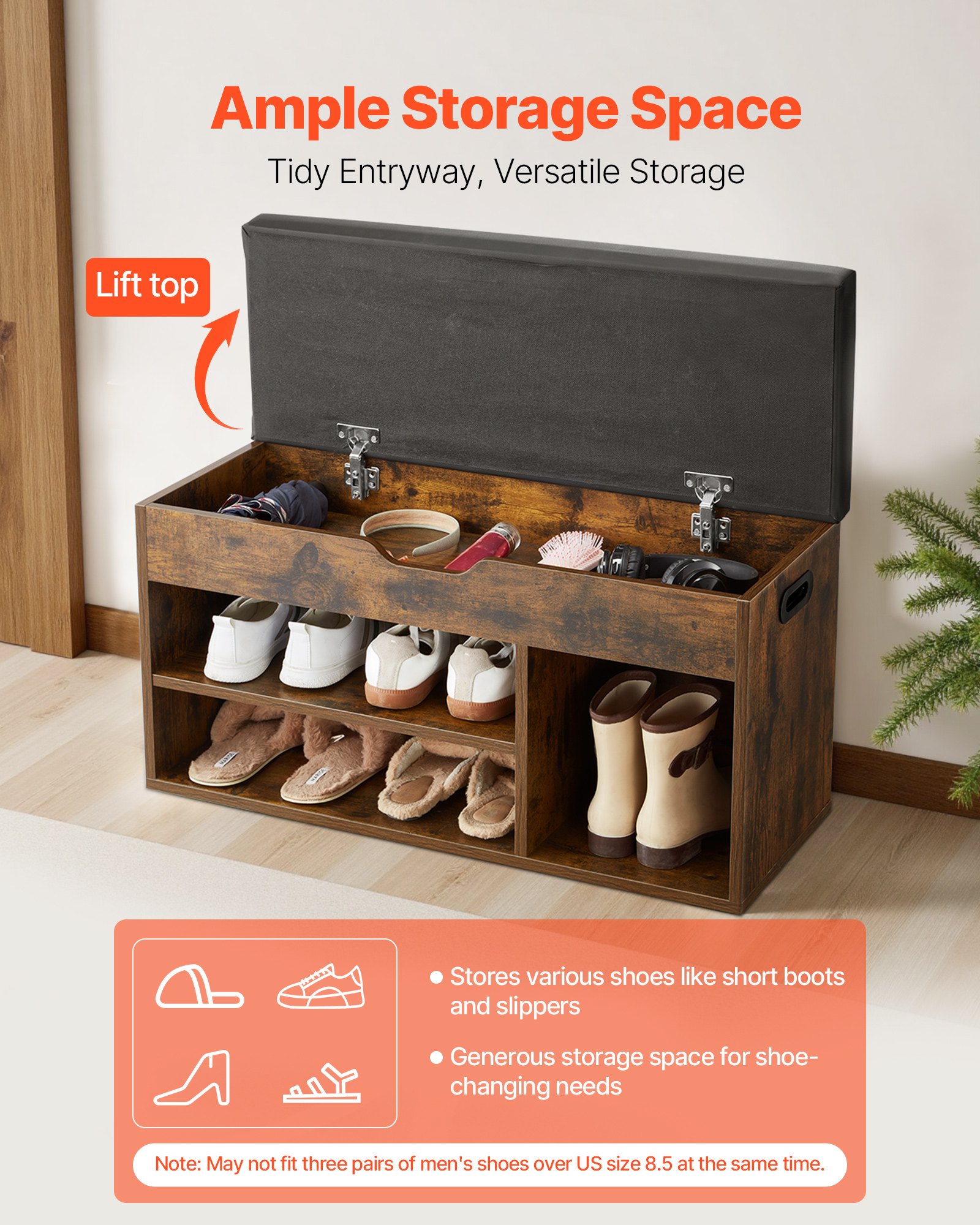 VEVOR Entryway Shoe Bench, 31.7 x 12.0 x 17.5 Inch Shoe Storage Organizer with Lift Top Storage Space, 300lbs Bench with Cushion Seat and 3 Cabinets for Hallway, Living Room, Bedroom, Brown + Black