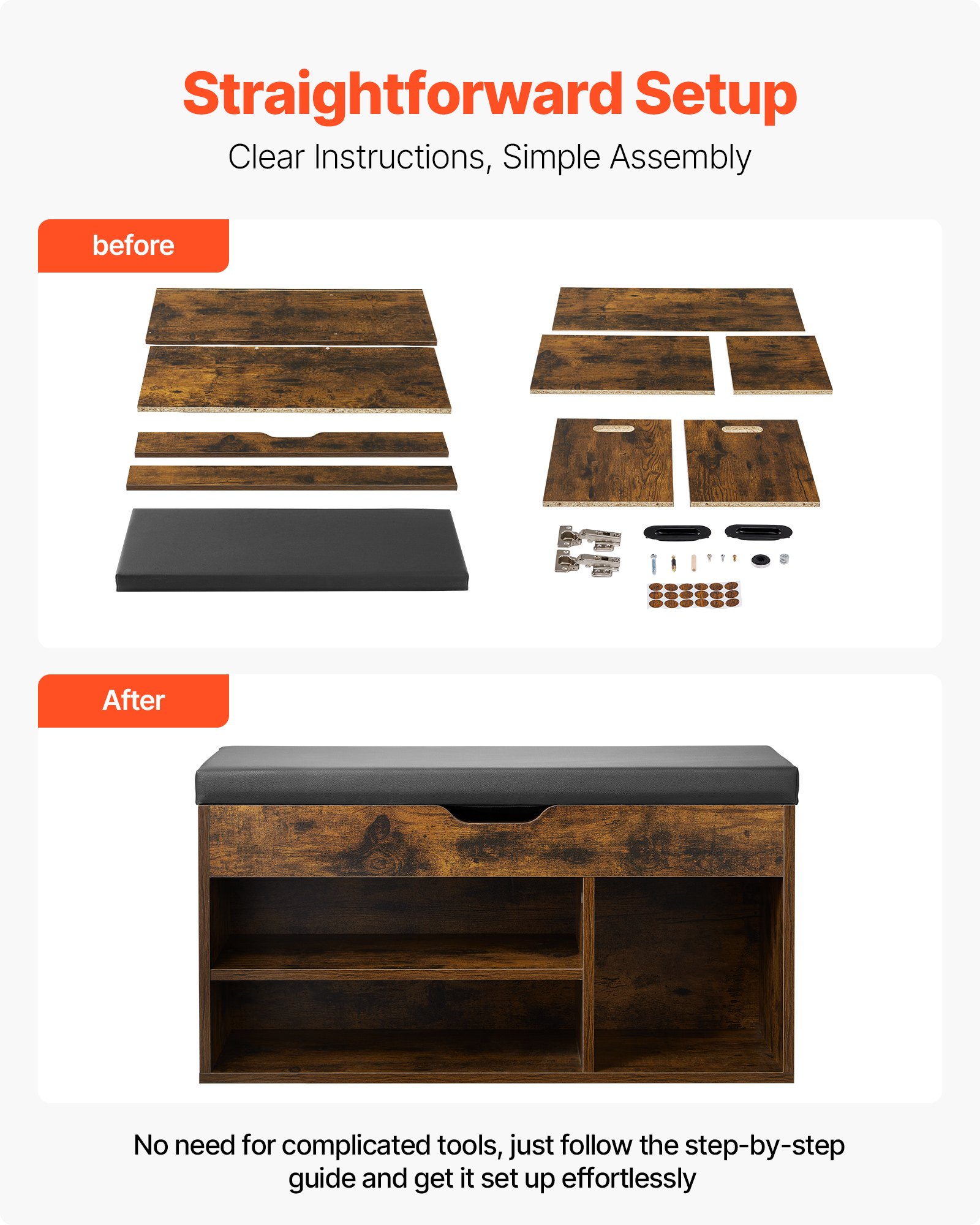 VEVOR Entryway Shoe Bench, 31.7 x 12.0 x 17.5 Inch Shoe Storage Organizer with Lift Top Storage Space, 300lbs Bench with Cushion Seat and 3 Cabinets for Hallway, Living Room, Bedroom, Brown + Black