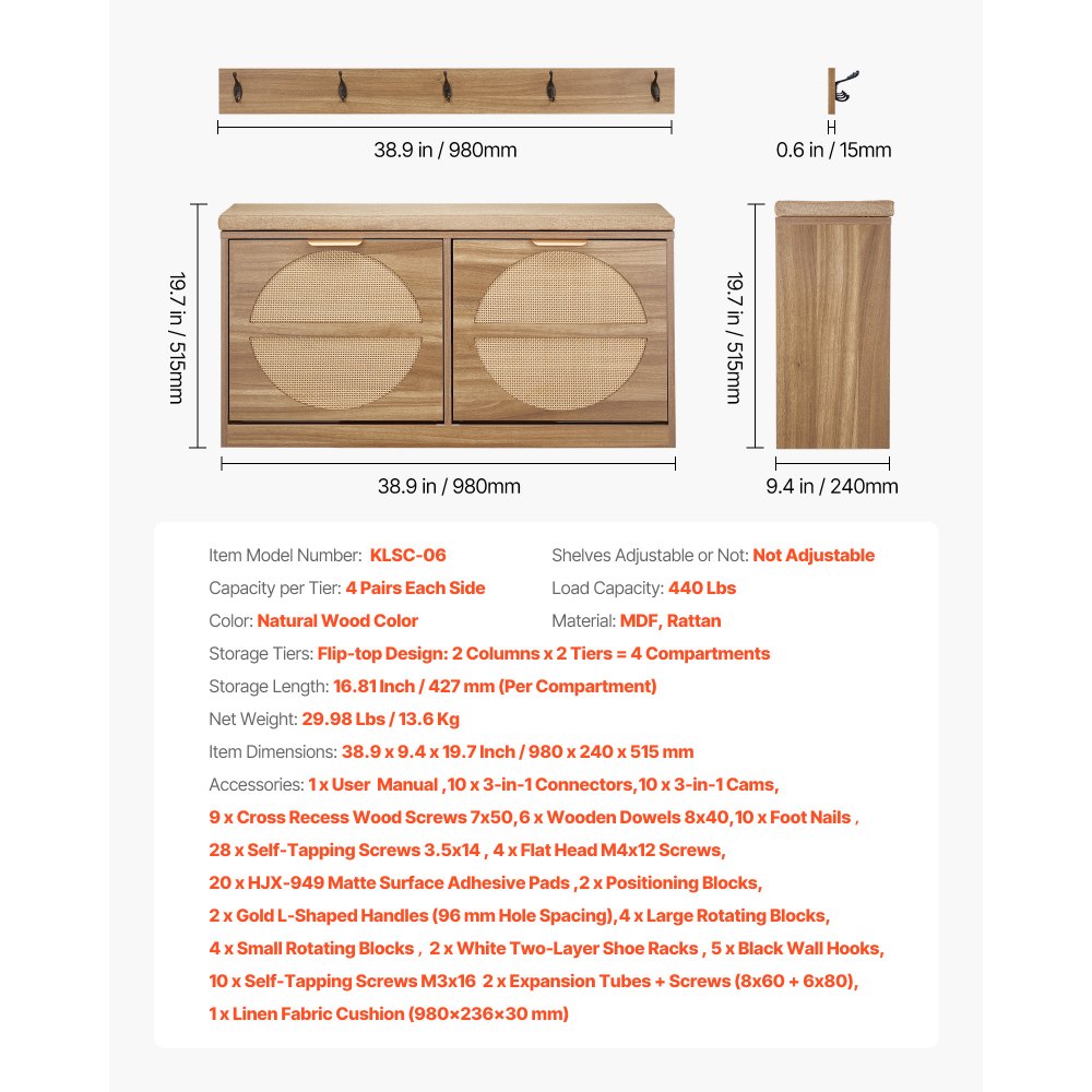 VEVOR Entryway Shoe Bench, 38.9 x 9.4 x 19.7 Inch Rattan-Like Shoes Bench with Flip Drawers, 440lbs Shoe Storage Rack with Cushion, 4 Compartments and Rattan Doors, for Hallway, Living Room, Bedroom