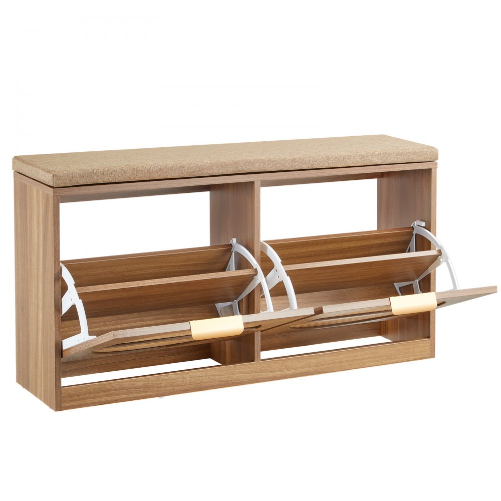 VEVOR Entryway Shoe Bench, 38.9 x 9.4 x 19.7 Inch Rattan-Like Shoes Bench with Flip Drawers, 440lbs Shoe Storage Rack with Cushion, 4 Compartments and Rattan Doors, for Hallway, Living Room, Bedroom