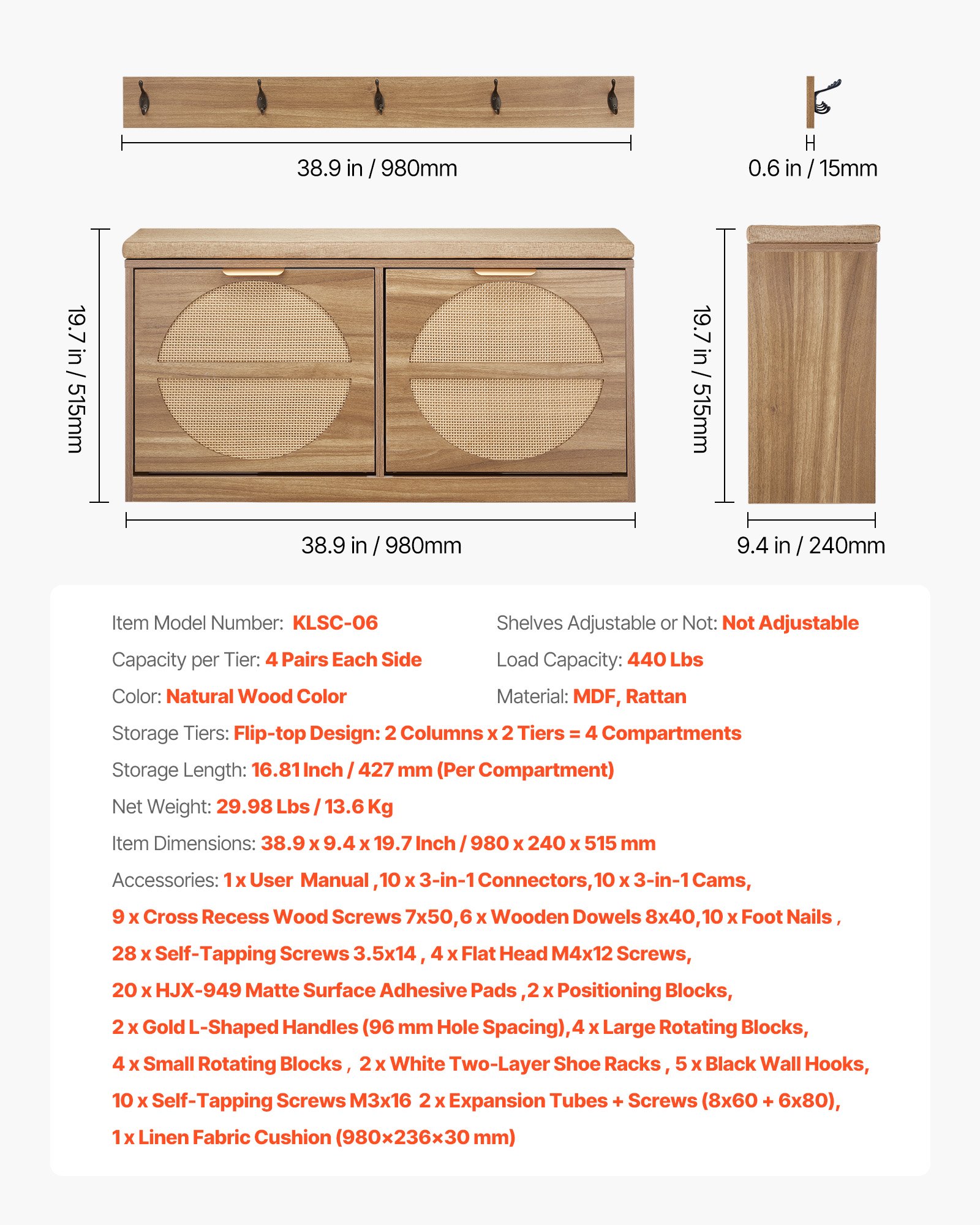 VEVOR Entryway Shoe Bench, 38.9 x 9.4 x 19.7 Inch Rattan-Like Shoes Bench with Flip Drawers, 440lbs Shoe Storage Rack with Cushion, 4 Compartments and Rattan Doors, for Hallway, Living Room, Bedroom