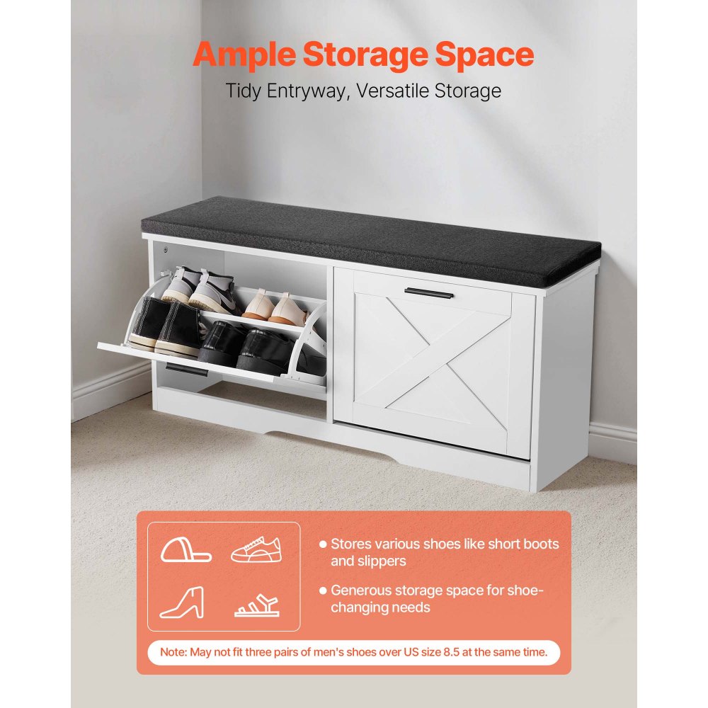VEVOR Entryway Shoe Storage Bench, 39.4 x 12.0 x 18.7 Inch Shoe Organizer with Flip Drawers, 440lbs Narrow Shoes Rack Bench with Cushion & Flip Doors, for Hallway, Living Room, Bedroom, Black + White