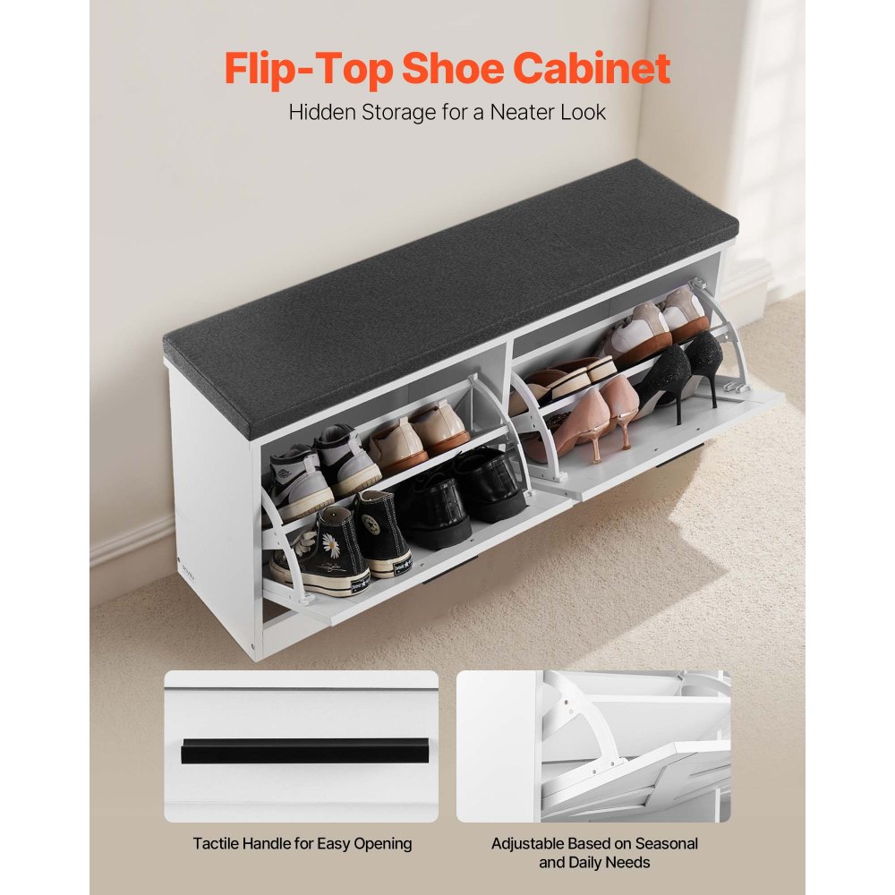 VEVOR Entryway Shoe Storage Bench, 39.4 x 12.0 x 18.7 Inch Shoe Organizer with Flip Drawers, 440lbs Narrow Shoes Rack Bench with Cushion & Flip Doors, for Hallway, Living Room, Bedroom, Black + White
