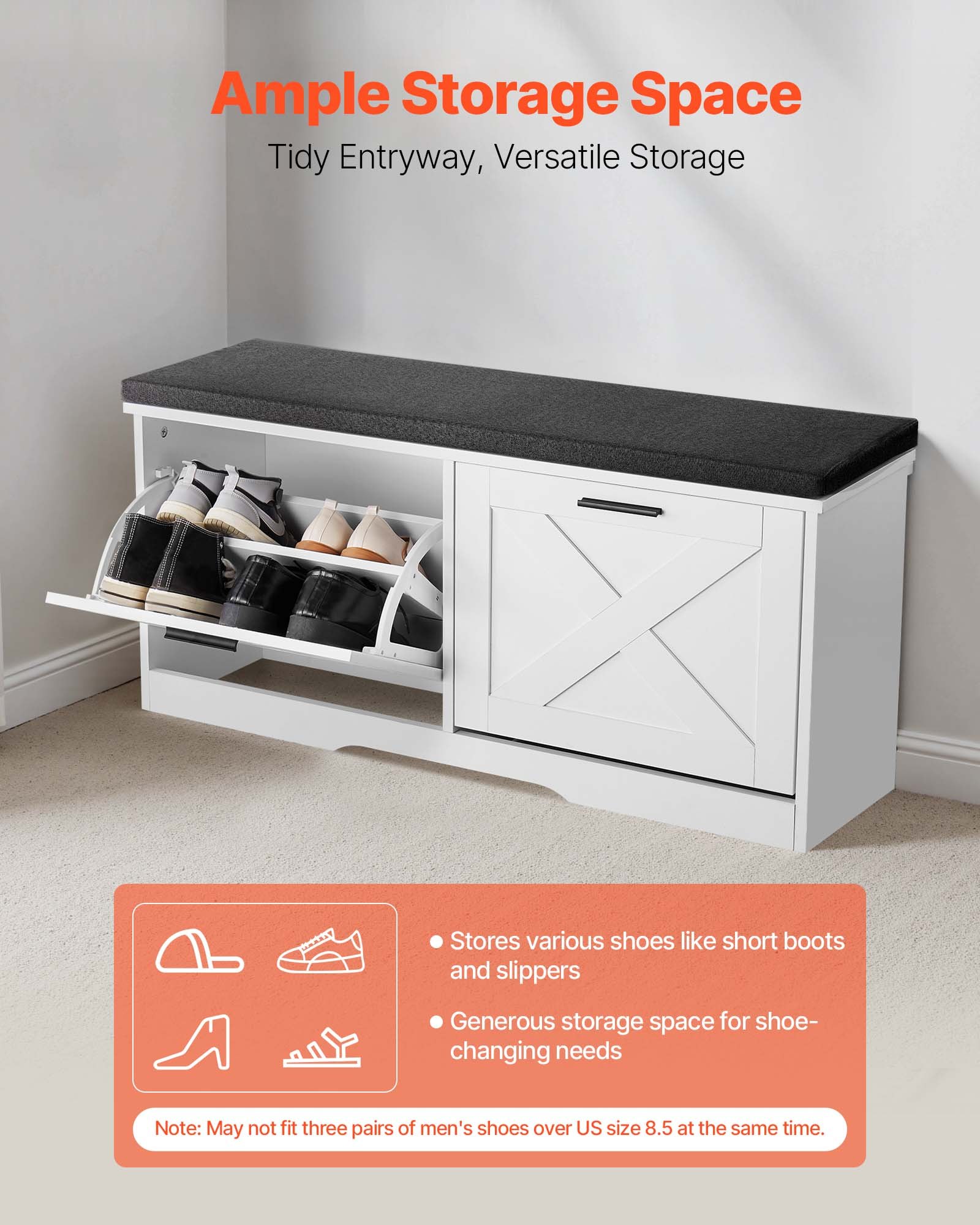 VEVOR Entryway Shoe Storage Bench, 39.4 x 12.0 x 18.7 Inch Shoe Organizer with Flip Drawers, 440lbs Narrow Shoes Rack Bench with Cushion & Flip Doors, for Hallway, Living Room, Bedroom, Black + White