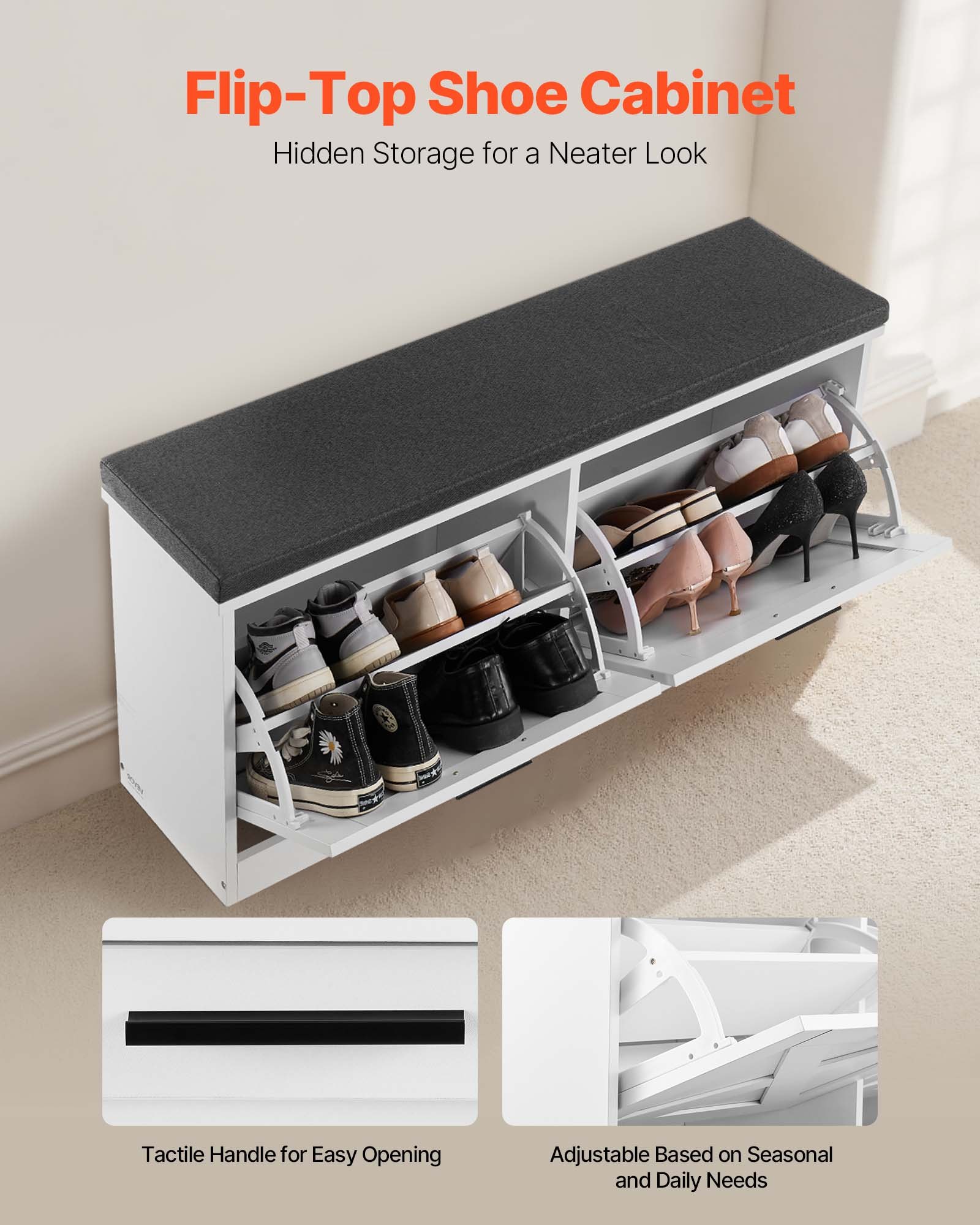 VEVOR Entryway Shoe Storage Bench, 39.4 x 12.0 x 18.7 Inch Shoe Organizer with Flip Drawers, 440lbs Narrow Shoes Rack Bench with Cushion & Flip Doors, for Hallway, Living Room, Bedroom, Black + White