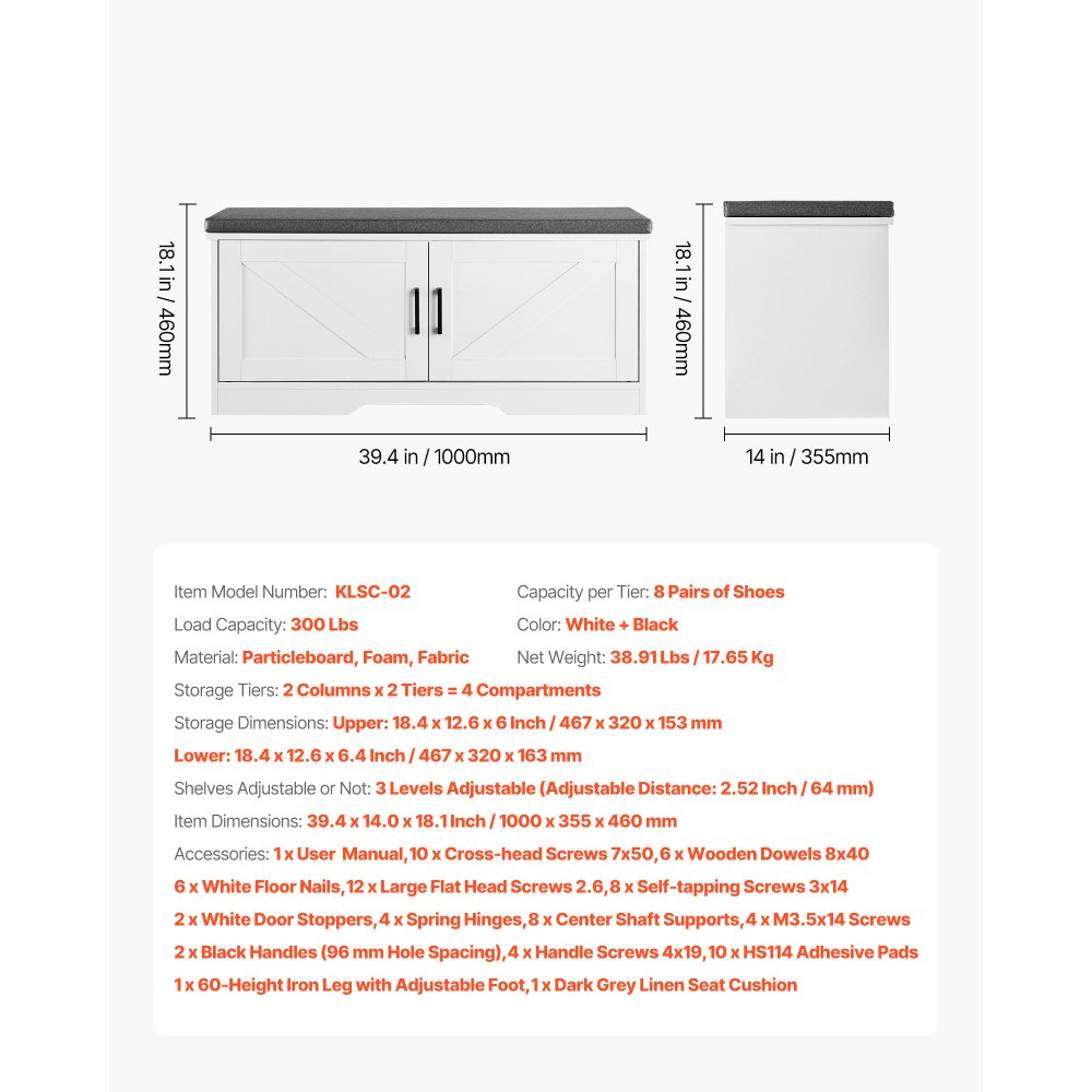 VEVOR Shoe Storage Bench, 39.4 x 14.0 x 18.1 Inch Shoe Organizer with Padded Seat Cushion, Entryway Bench with 2 Barn Doors and Height Adjustable Shelf, for Hallway, Living Room, Bedroom, White+Black