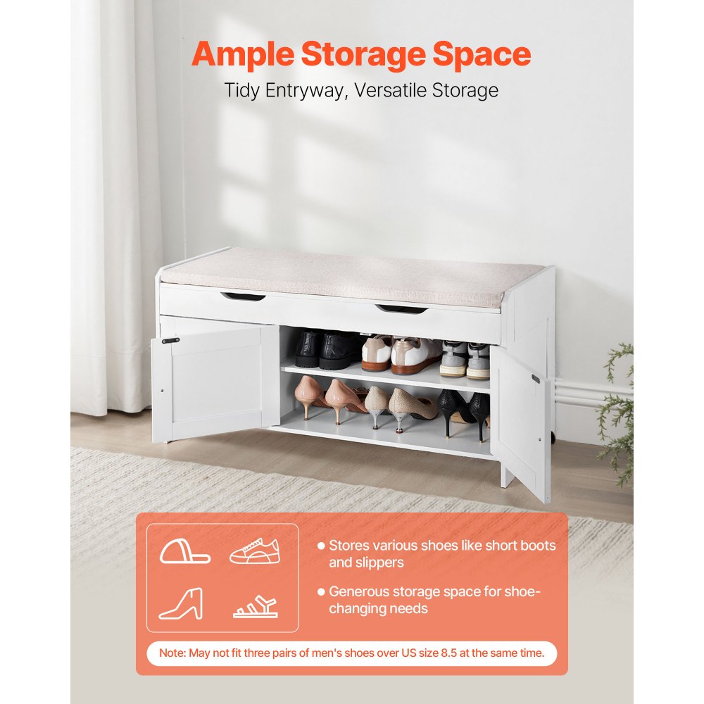 VEVOR Schoenenrekbank (1050 x 350 x 503 mm), Halbank met opbergruimte, zitkussen en 3 compartimenten, Schoenenrek (draagvermogen 113,4 kg), voor Voordeur, Hal, Woonkamer, Slaapkamer, Zwart