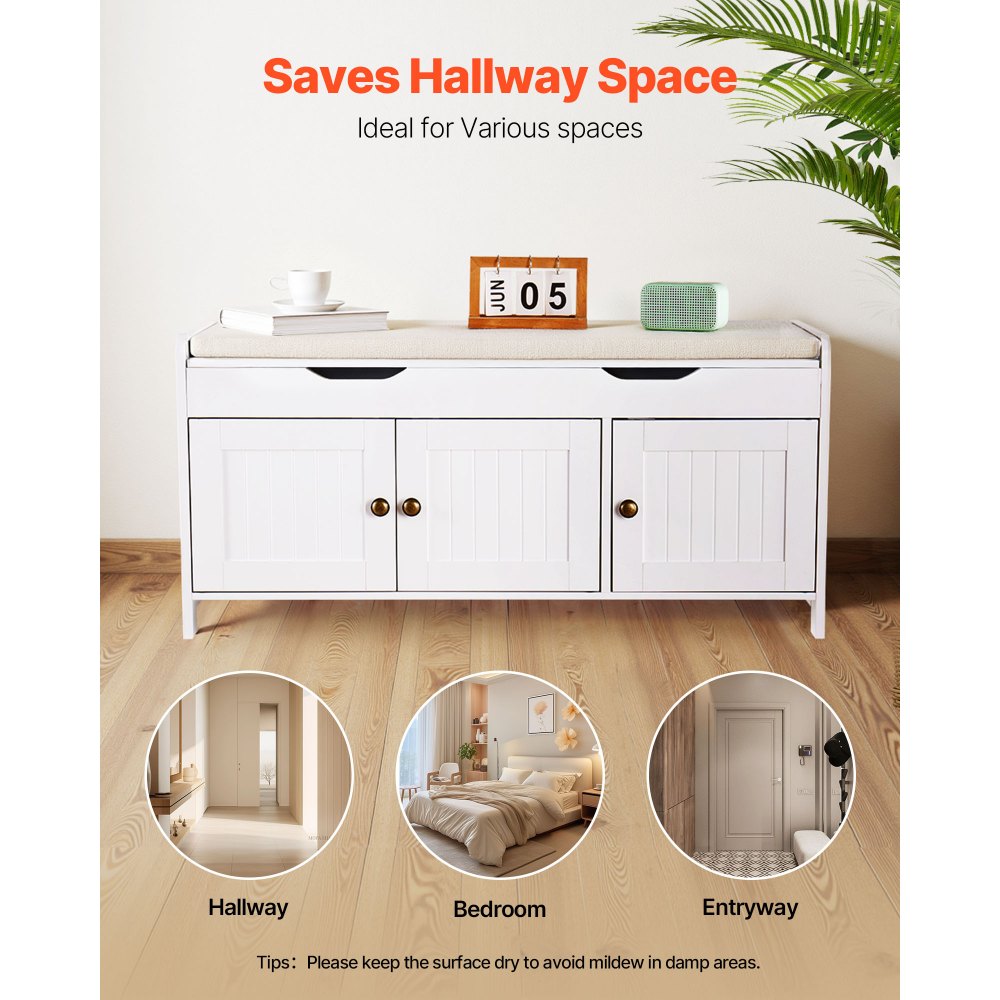 VEVOR Schoenenrekbank (1050 x 350 x 503 mm), Halbank met opbergruimte, zitkussen en 3 compartimenten, Schoenenrek (draagvermogen 113,4 kg), voor Voordeur, Hal, Woonkamer, Slaapkamer, Zwart