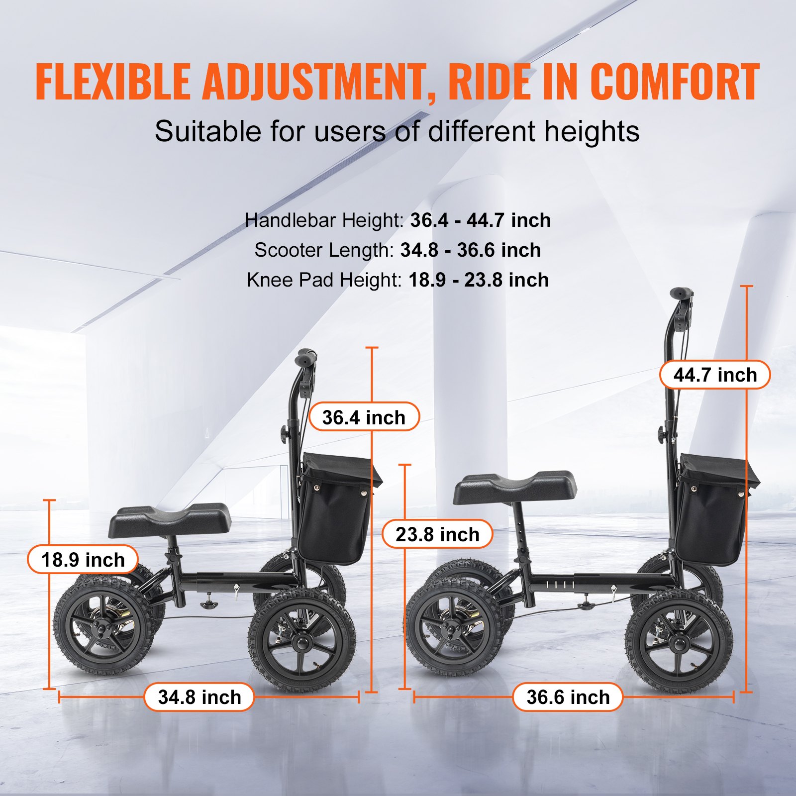 VEVOR knieroller, een knieloopapparaat van aluminium met in hoogte verstelbaar stuur en kniebeschermers, 30 cm all-terrain wielen, dubbele remmen, revalidatieroller voor enkel- en voetfracturen, 160 kg
