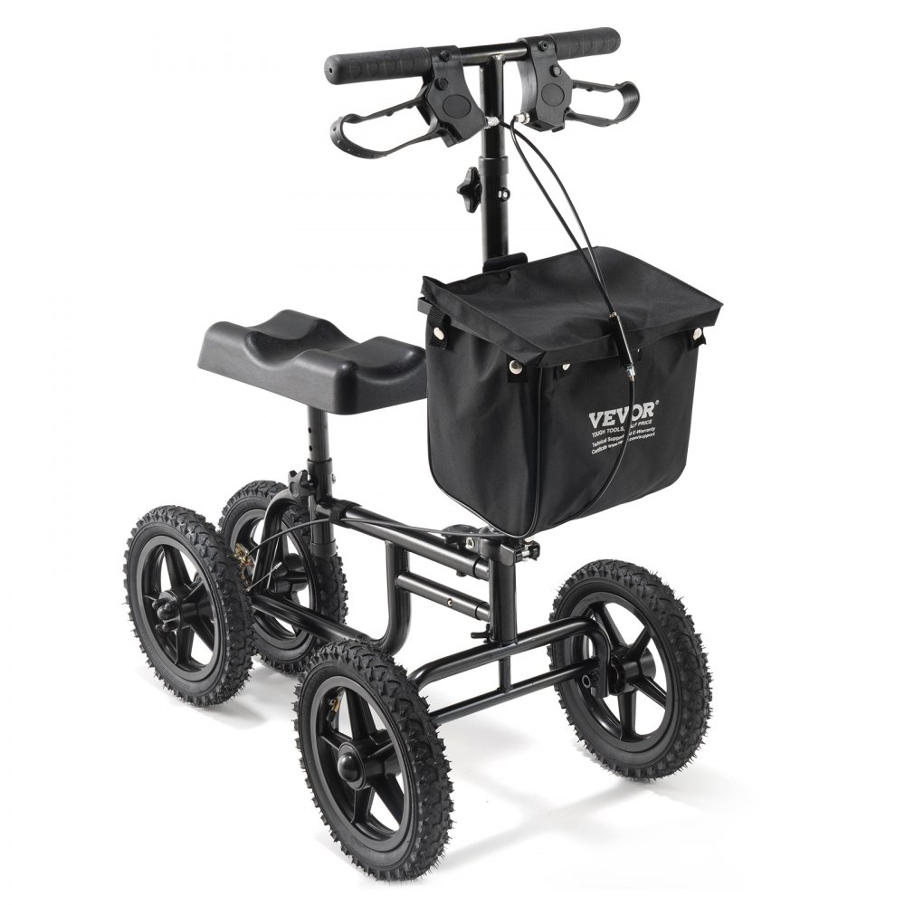 black VEVOR knee scooter with four rugged wheels and adjustable handlebar, featuring a front storage bag.