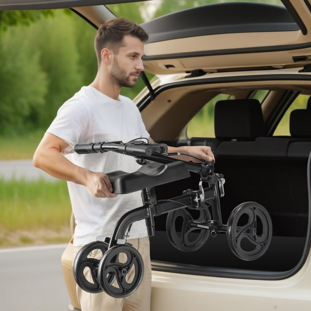 VEVOR Folding Knee Scooter, Carbon Steel Steerable Knee Walker with Height-Adjustable Handlebar & Knee Pad, All-Terrain Solid Wheels, Dual Brakes, Leg Recovery Scooter for Broken Ankle Foot Injuries