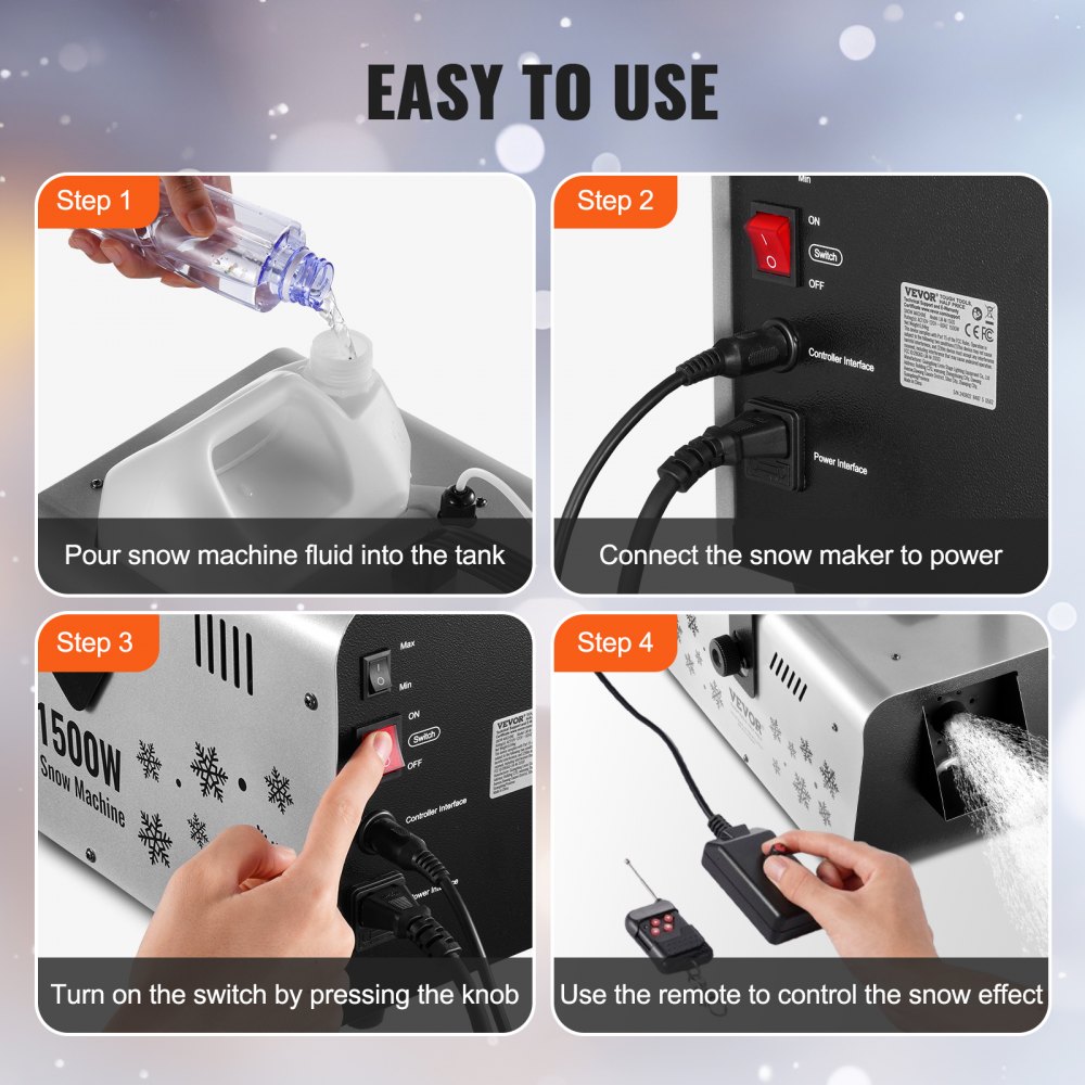 VEVOR Sneeuwmachine, 1500W handbediende/hangende sneeuwmachine, op afstand bedienbare sneeuwvlokmachine voor binnen met 5L tank, robuuste kunstmatige sneeuwmachine voor kerstfeestjes