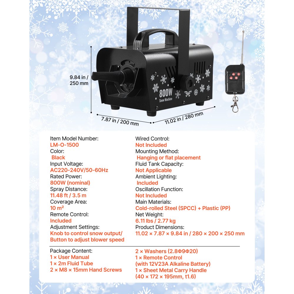 VEVOR Sneeuwmachine, 1500W Sneeuwkanon, Kunstmatige Sneeuwmaker, Sneeuwvlokmachine, Kunstmatige Sneeuwvlokmachine voor Binnen en Buiten voor Feestdagen, DJ-feesten, Kerstdecoratie