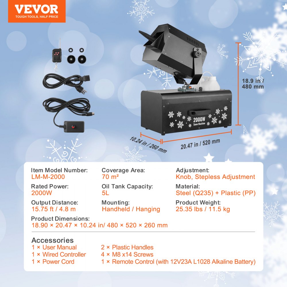 VEVOR Snow Machine, 2000W, Swing Snow Making Machine with 5L Tank, Wired & Wireless Remote Control Snowflake Maker, High Output Indoor Fake Snow Maker for Christmas Parties Wedding Stage Effect