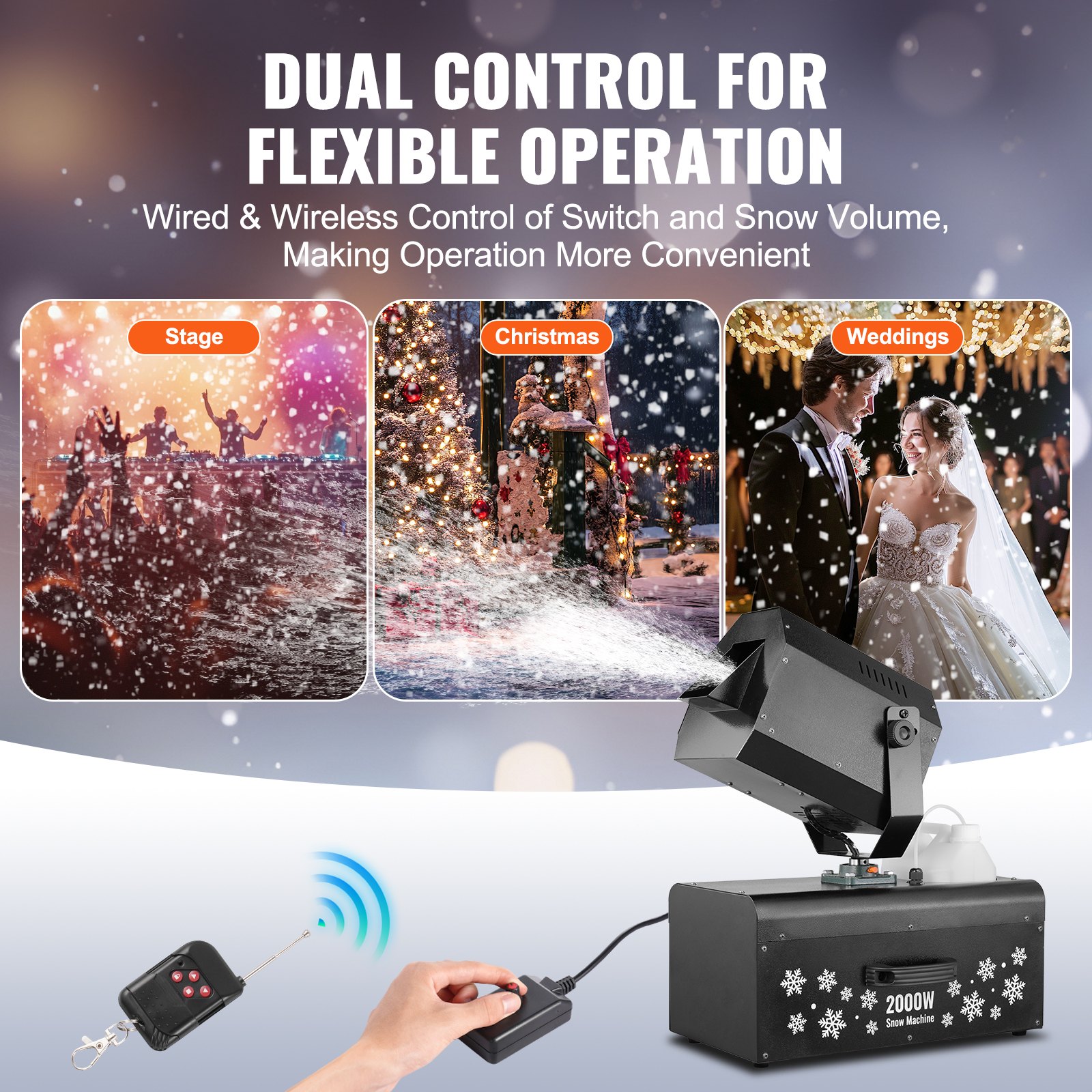 VEVOR Snow Machine, 2000W, Swing Snow Making Machine with 5L Tank, Wired & Wireless Remote Control Snowflake Maker, High Output Indoor Fake Snow Maker for Christmas Parties Wedding Stage Effect