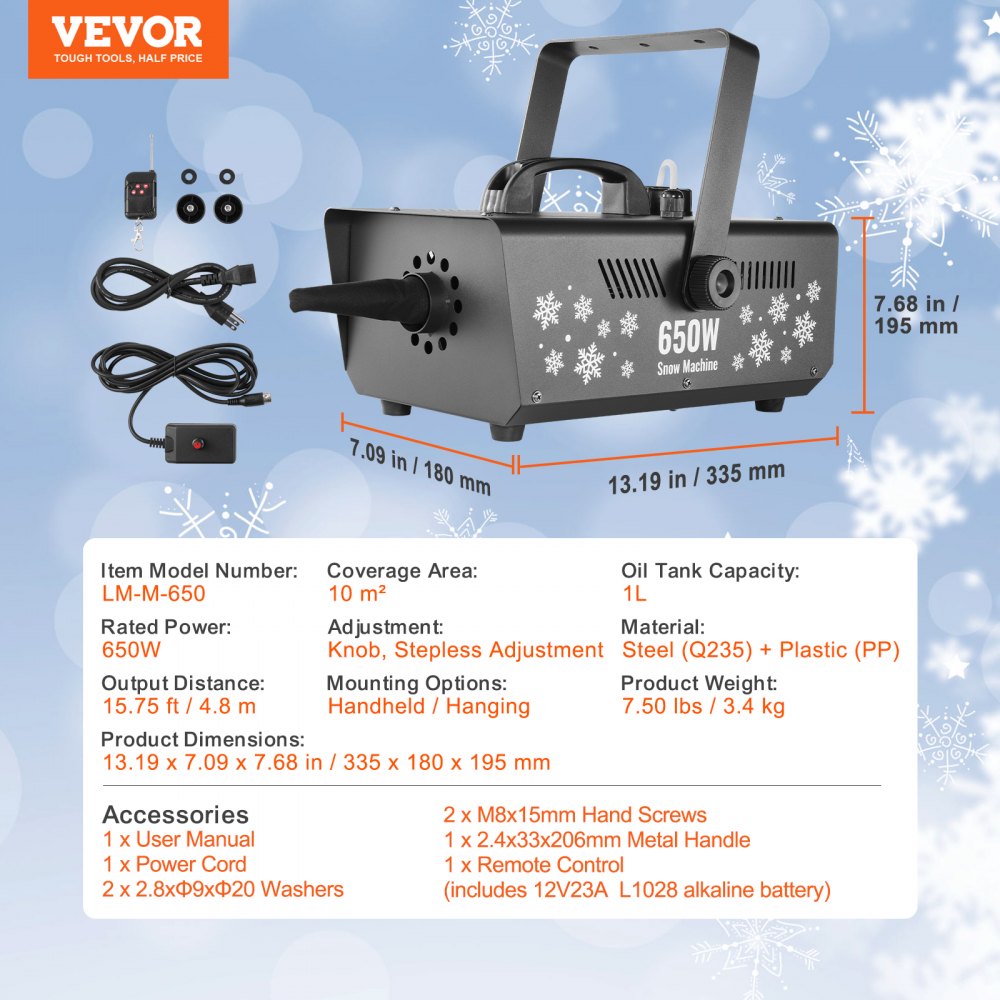 VEVOR Snow Machine, 650W, Handheld/Hanging Snow Making Machine, Remote Control Indoor Snowflake Maker with 1L Tank, High Output Fake Snow Maker for Christmas Holidays Parties Wedding Stage Effect
