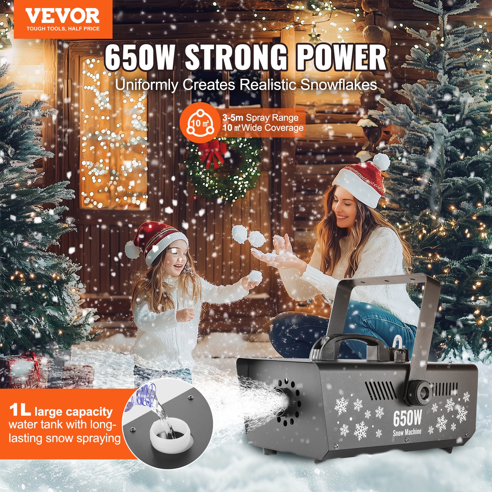 VEVOR Snow Machine, 650W, Handheld/Hanging Snow Making Machine, Remote Control Indoor Snowflake Maker with 1L Tank, High Output Fake Snow Maker for Christmas Holidays Parties Wedding Stage Effect
