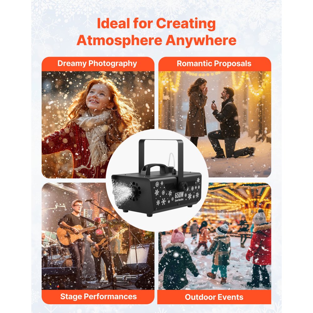 VEVOR Sneeuwmachine, 650W Sneeuwkanon, Kunstmatige Sneeuwmaker, Sneeuwvlokmachine, Kunstmatige Sneeuwvlokmachine voor Binnen- en Buitengebruik voor Feestdagen, DJ-feesten, Kerstdecoratie