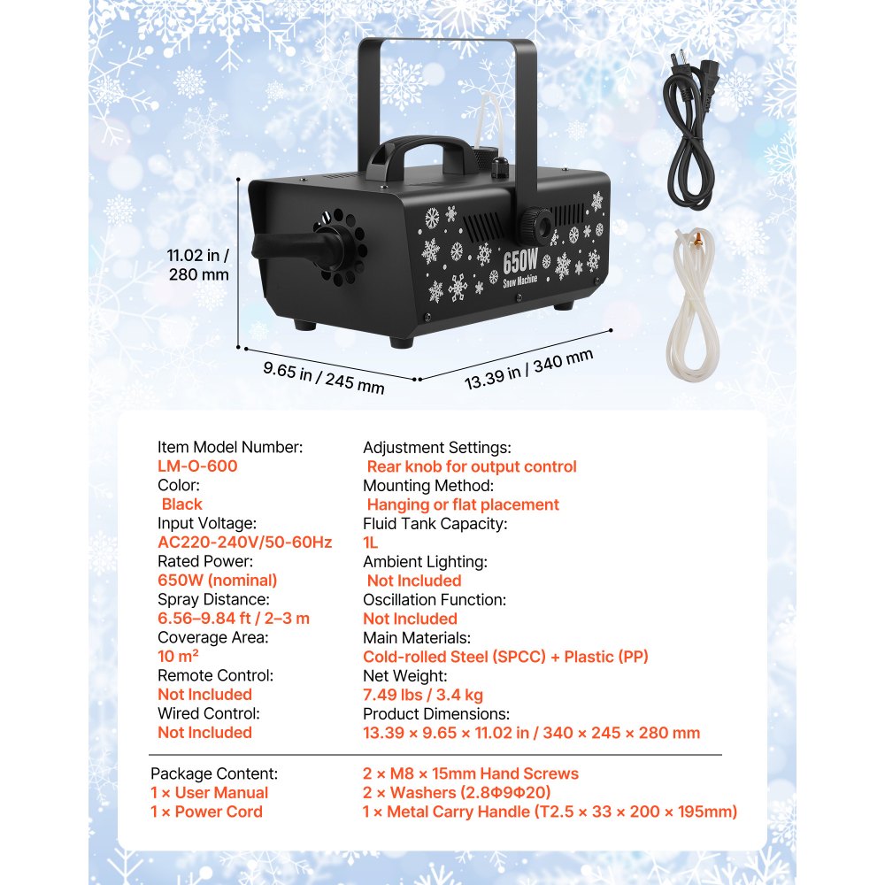 VEVOR Sneeuwmachine, 650W Sneeuwkanon, Kunstmatige Sneeuwmaker, Sneeuwvlokmachine, Kunstmatige Sneeuwvlokmachine voor Binnen- en Buitengebruik voor Feestdagen, DJ-feesten, Kerstdecoratie