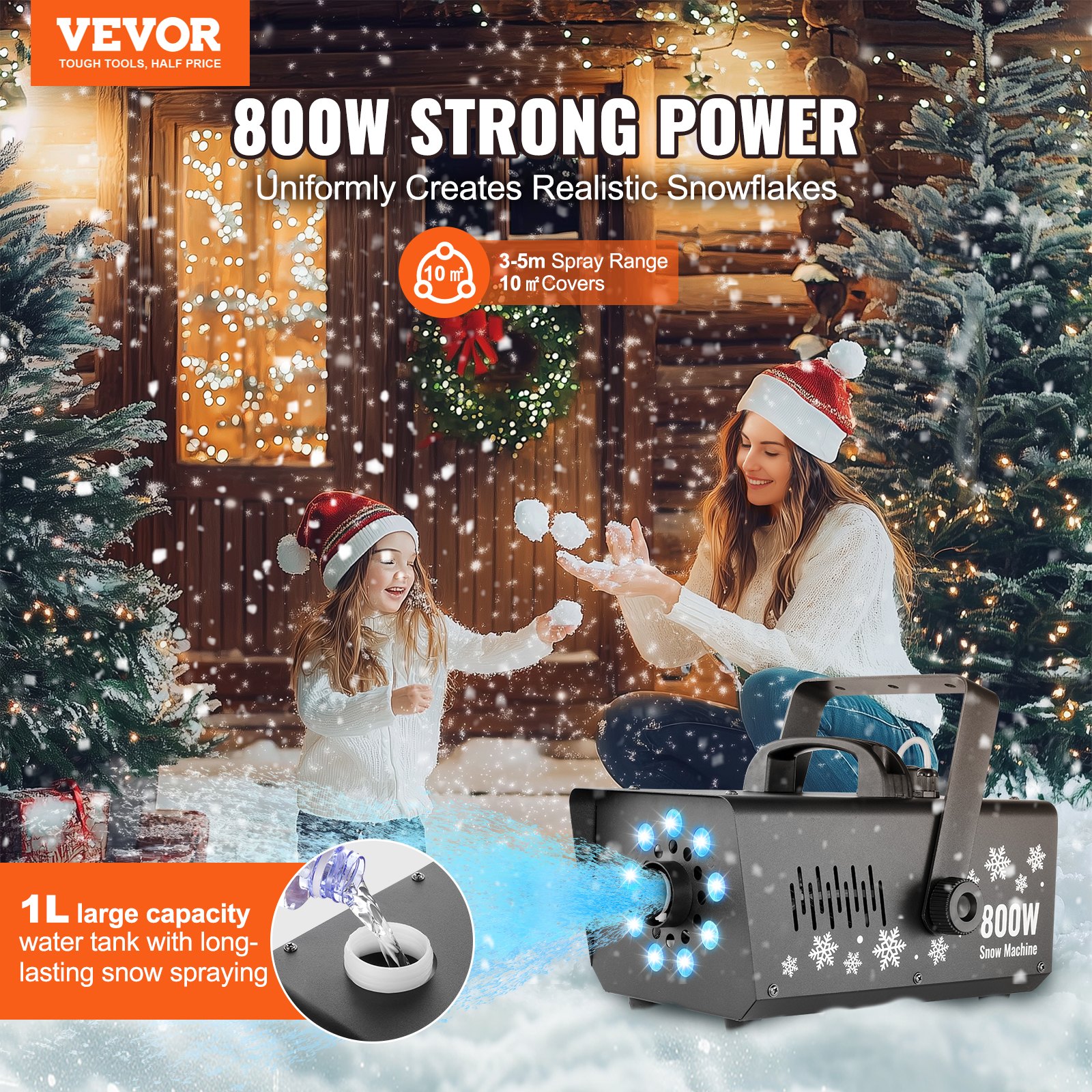 VEVOR Sneeuwmachine, 800W handbediende/hangende sneeuwmachine met led-lampje en 1L-tank, op afstand bedienbare sneeuwvlokmachine, kunstmatige sneeuwmachine voor binnen voor kerstfeestjes, sneeuwmachine