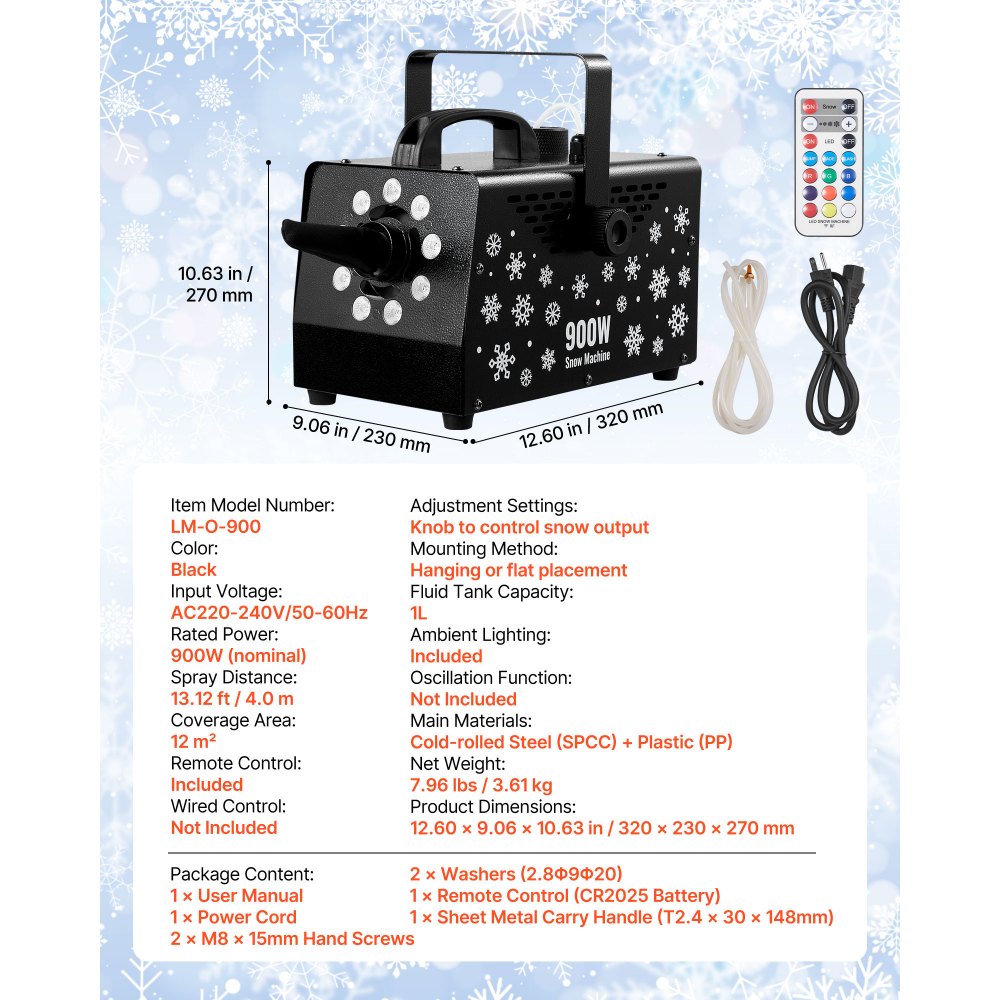 VEVOR Sneeuwmachine, 900W Sneeuwkanon, Kunstmatige Sneeuwmaker, Sneeuwvlokmachine, Kunstmatige Sneeuwvlokmachine voor Binnen- en Buitengebruik voor Feestdagen, DJ-feesten, Kerstdecoratie