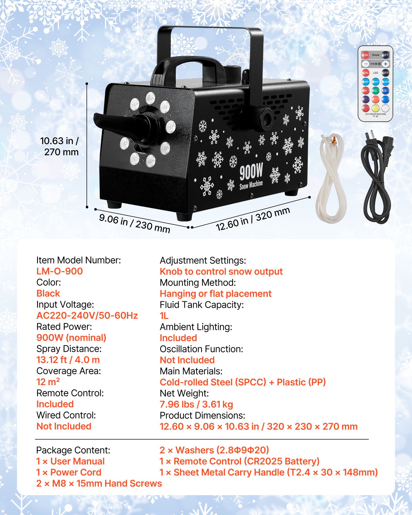 VEVOR Sneeuwmachine, 900W Sneeuwkanon, Kunstmatige Sneeuwmaker, Sneeuwvlokmachine, Kunstmatige Sneeuwvlokmachine voor Binnen- en Buitengebruik voor Feestdagen, DJ-feesten, Kerstdecoratie