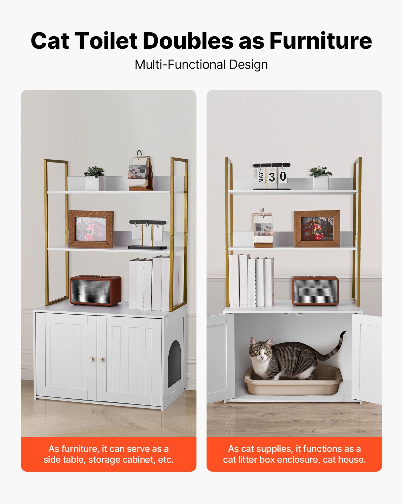 VEVOR Cat Litter Box Enclosure Furniture, 70 cm Hidden Litter Box Cabinet with Metal Legs & 2-Tier Storage Shelves, Waterproof Cat Washroom Cat House, Fit Most of Litterbox, for Living Room