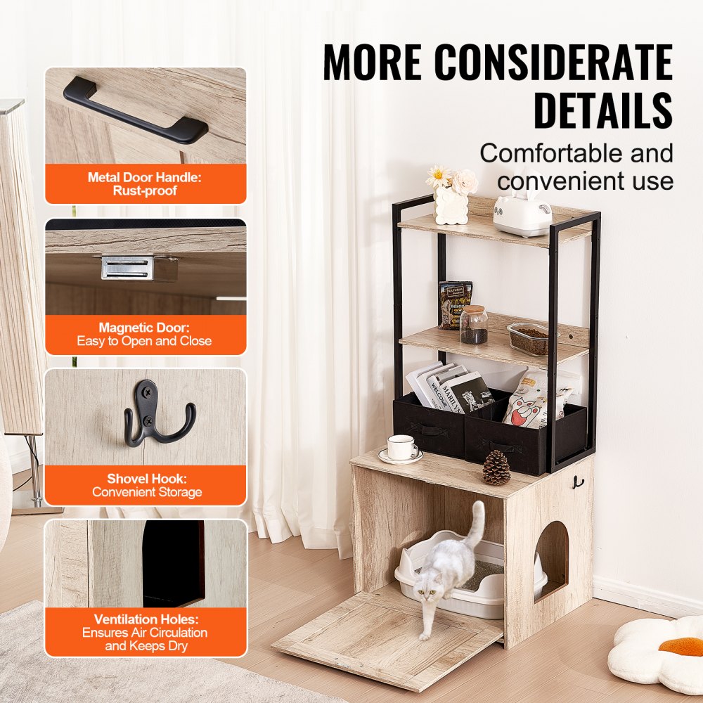 VEVOR Cat Litter Box Enclosure, Hidden Litter Box Furniture with 2 Storage Shelves & 2 Baskets, Wooden Cat Washroom Indoor, Cat House Cabinet Fit Most of Litter Box, 23.6"L x 19.7"W x 50"H, Natural