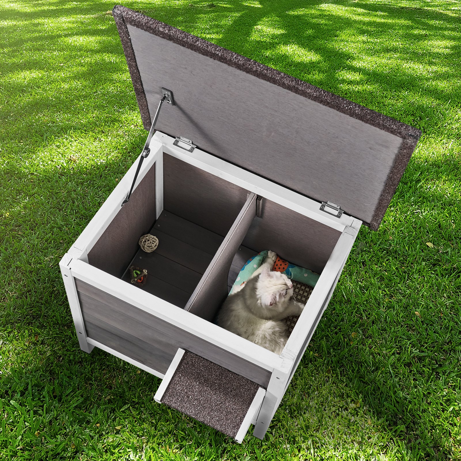 VEVOR Buitenkattenhuis, Weerbestendig, Wilde Kattenhuis voor Meerdere Katten, Houten Buitenkatten-/Konijnenhuis, Volledig Geïsoleerd met Schuim, Open Dak, PVC Deurkleppen, 61 x 50 x 53 cm (L x B x H)