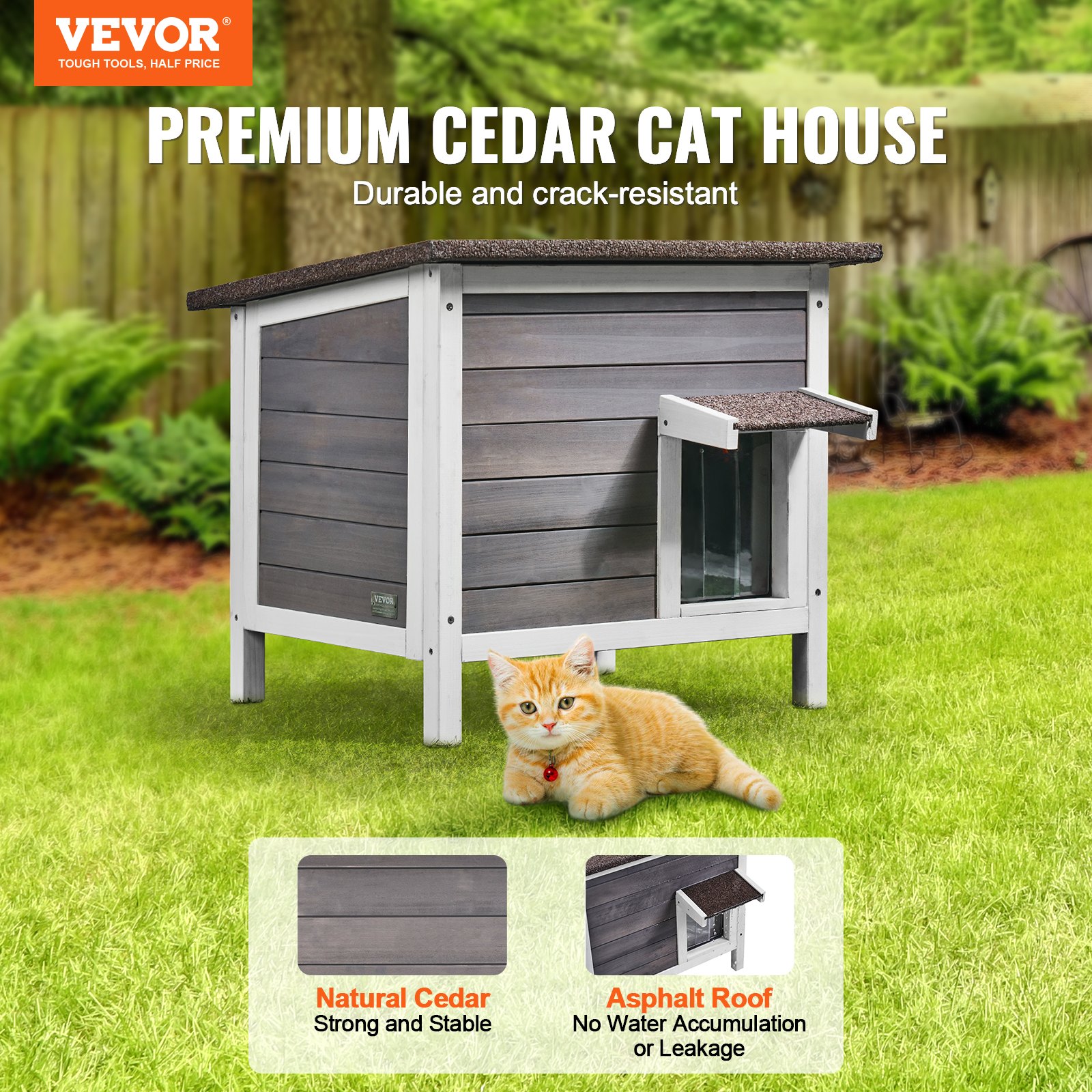 VEVOR Outdoor Cat House Weatherproof, Feral Cat Shelter for Multiple Cats, Outdoor Wooden Cat Rabbit House with All-Round Foam Insulated, Open Roof, PVC Door Flaps, 24"L x 20"W x 21"H