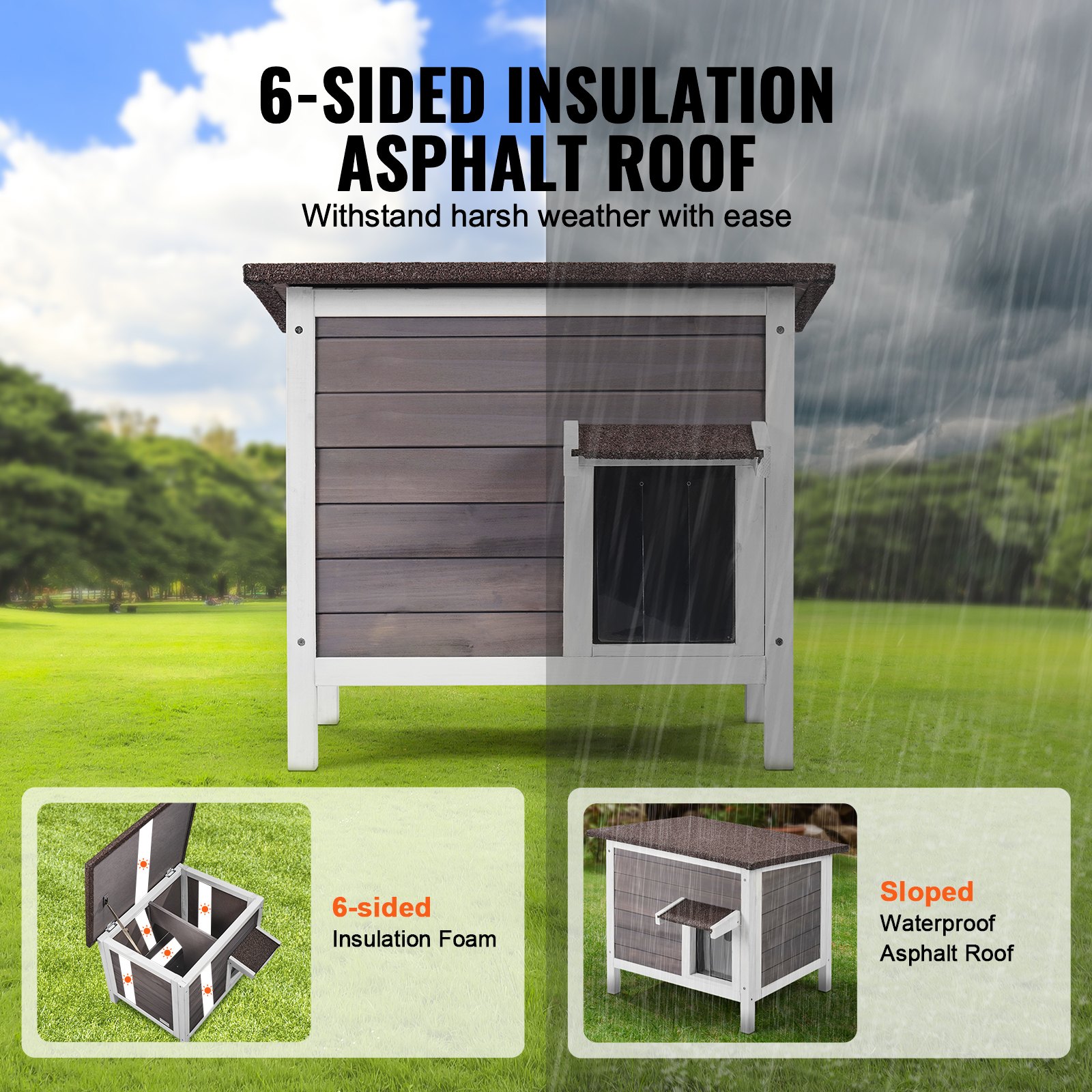 VEVOR Outdoor Cat House Weatherproof, Feral Cat Shelter for Multiple Cats, Outdoor Wooden Cat Rabbit House with All-Round Foam Insulated, Open Roof, PVC Door Flaps, 24"L x 20"W x 21"H