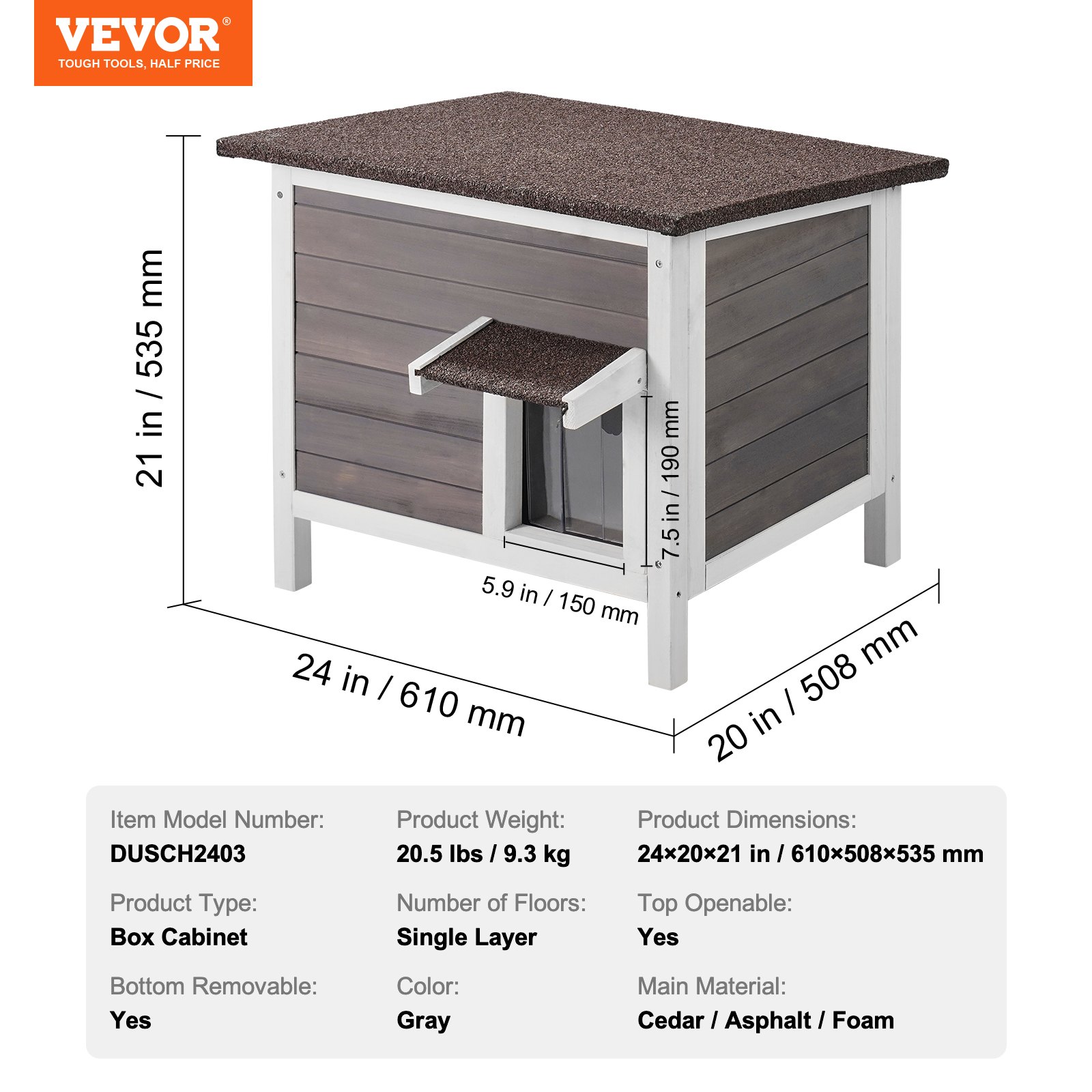 VEVOR Outdoor Cat House Weatherproof, Feral Cat Shelter for Multiple Cats, Outdoor Wooden Cat Rabbit House with All-Round Foam Insulated, Open Roof, PVC Door Flaps, 24"L x 20"W x 21"H