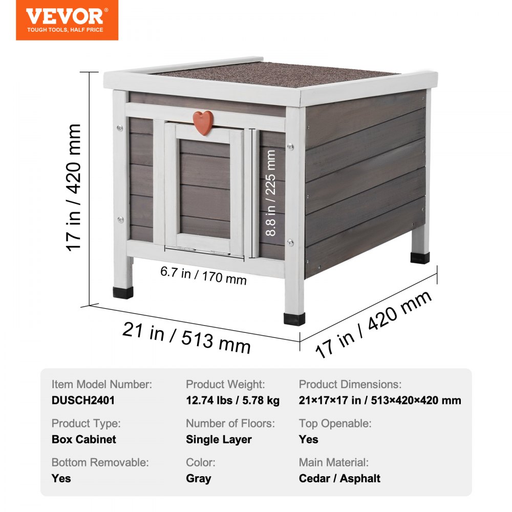 VEVOR Buitenkattenhuis, Weerbestendig, Wilde Kattenhuis voor Meerdere Katten, Houten Buitenkatten-/Konijnenhuis met PVC Deurkleppen en Open Dak, 53 cm L x 43 cm B x 43 cm H