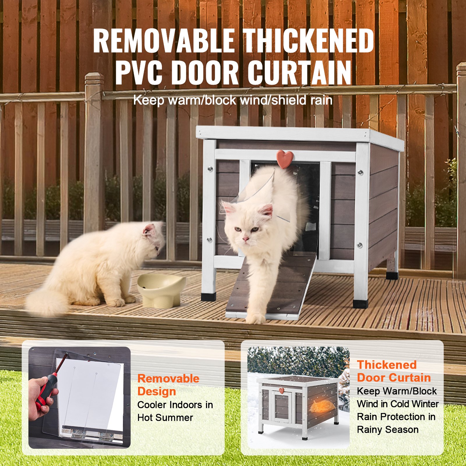 VEVOR Buitenkattenhuis, Weerbestendig, Wilde Kattenhuis voor Meerdere Katten, Houten Buitenkatten-/Konijnenhuis met PVC Deurkleppen en Open Dak, 53 cm L x 43 cm B x 43 cm H