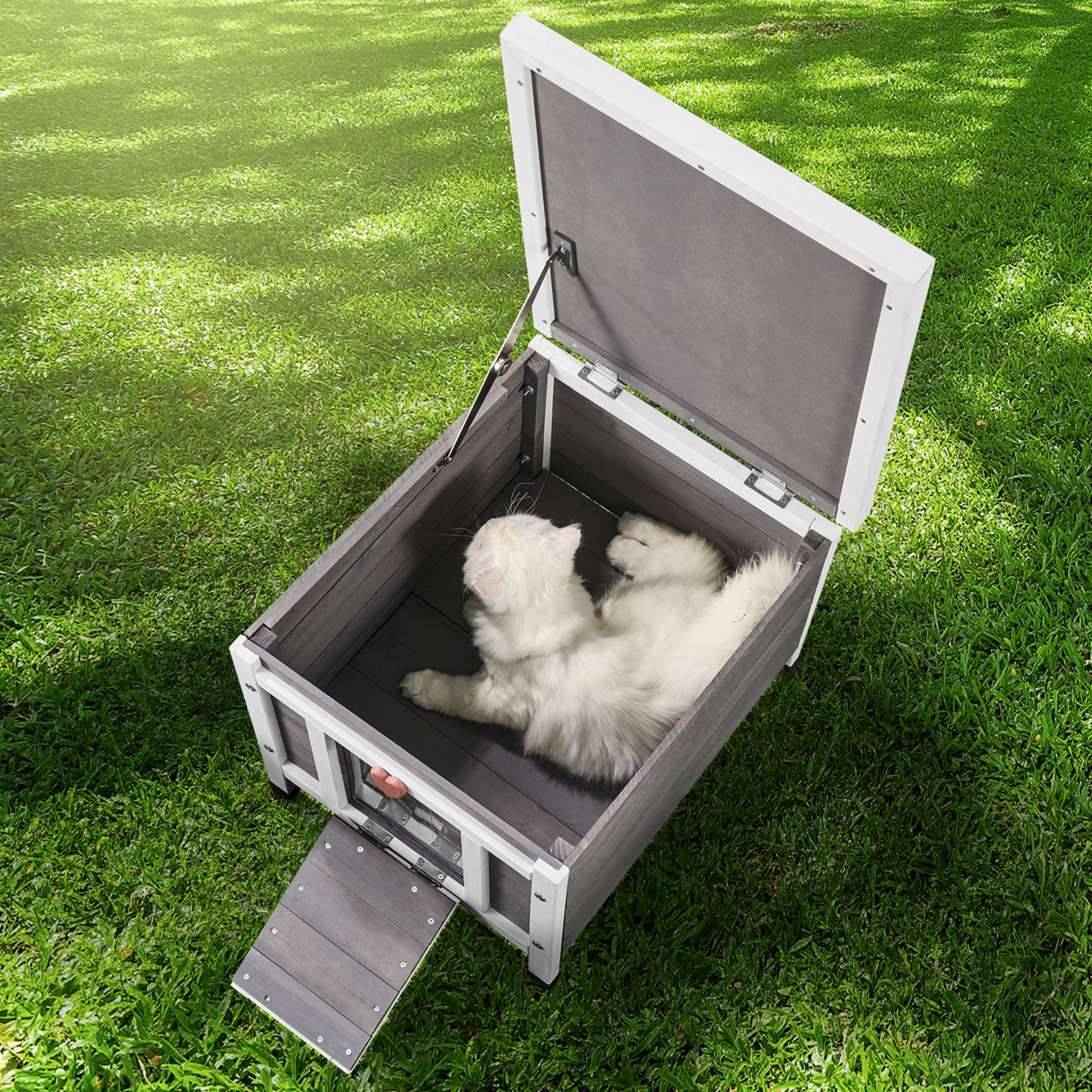 VEVOR Buitenkattenhuis, Weerbestendig, Wilde Kattenhuis voor Meerdere Katten, Houten Buitenkatten-/Konijnenhuis met PVC Deurkleppen en Open Dak, 53 cm L x 43 cm B x 43 cm H