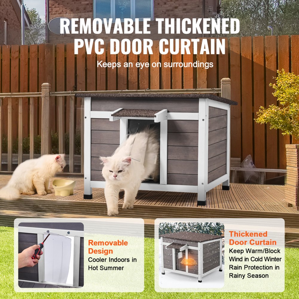 VEVOR Outdoor Cat House Weatherproof, Feral Cat Shelter for Multiple Cats, Outdoor Wooden Cat Rabbit House with a Window, Open Roof and PVC Door Flaps, 24"L x 21"W x 18"H