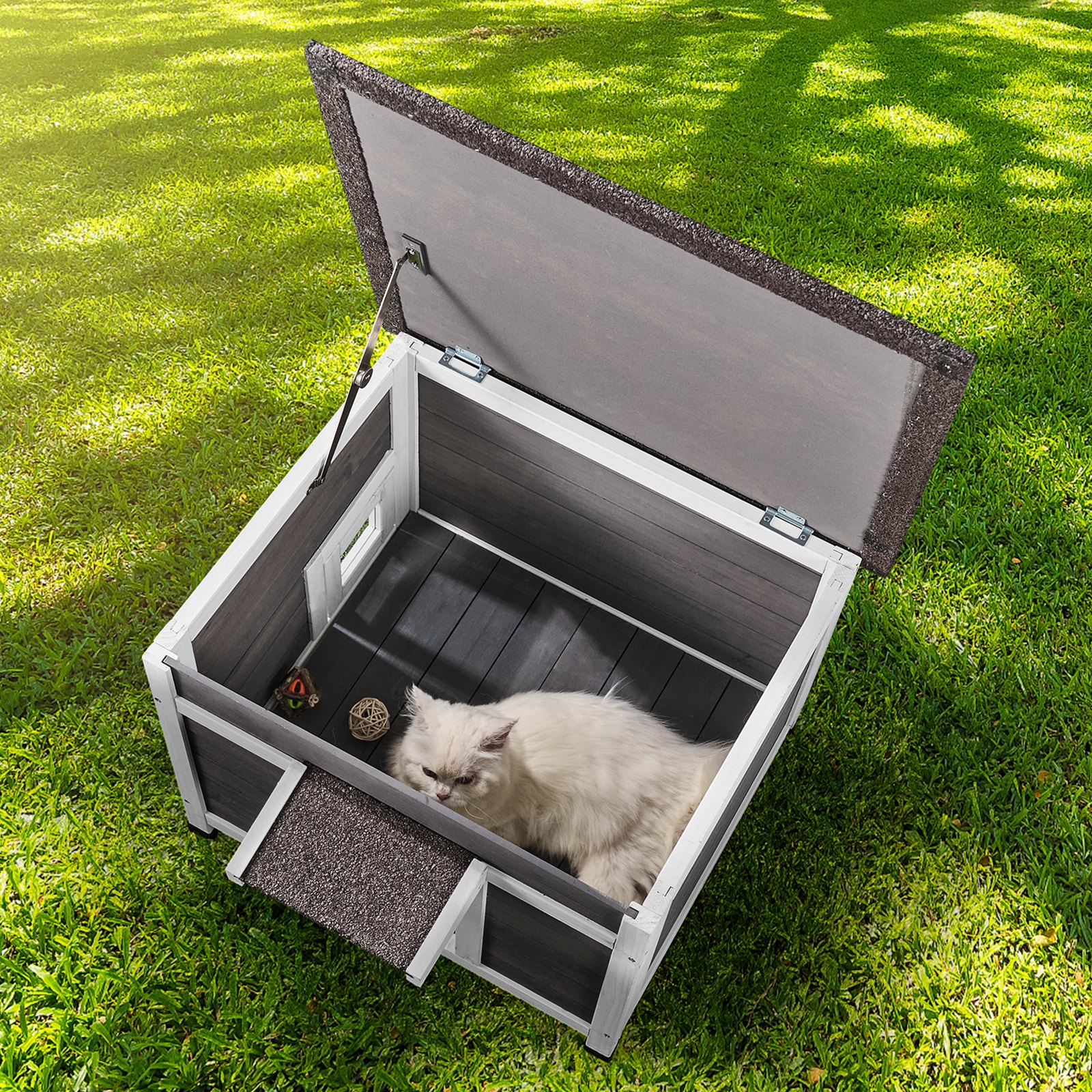 VEVOR Outdoor Cat House Weatherproof, Feral Cat Shelter for Multiple Cats, Outdoor Wooden Cat Rabbit House with a Window, Open Roof and PVC Door Flaps, 24"L x 21"W x 18"H