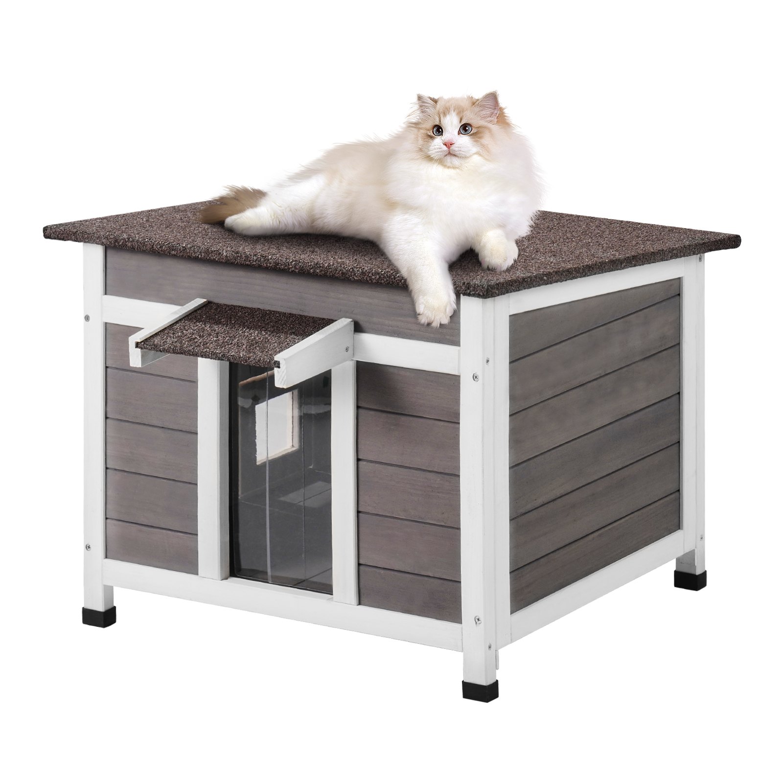 VEVOR Outdoor Cat House Weatherproof, Feral Cat Shelter for Multiple Cats, Outdoor Wooden Cat Rabbit House with a Window, Open Roof and PVC Door Flaps, 24"L x 21"W x 18"H