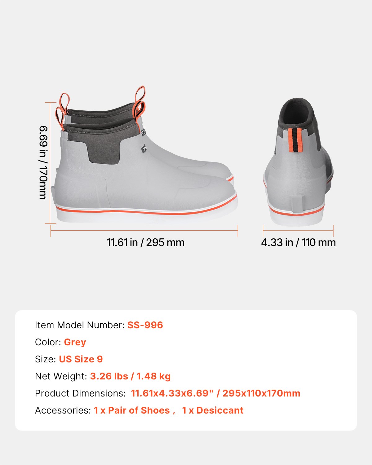 VEVOR Men's Deck Boots, Waterproof Fishing Rain Boots, Anti-Slip Ankle Rubber Outdoor Work Shoes, Gardening Insulated Mud Boots Footwear, Lightweight & Durable, for Manufacturing, Farming, Size 9 US