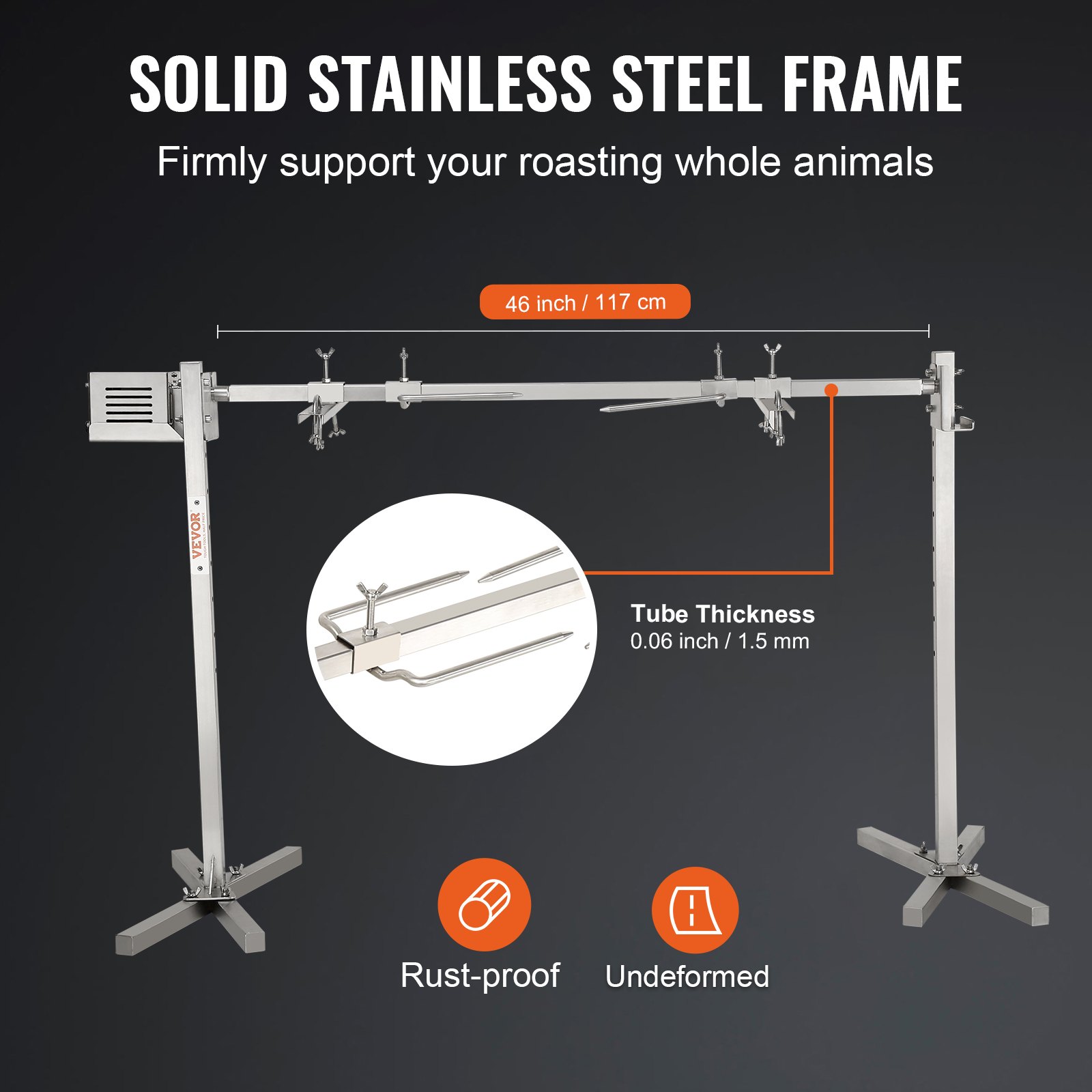 VEVOR suckling pig grill lamb grill 117 cm, 41 kg stainless steel rotisserie spit roast grill 42 W, lamb grill BBQ grill grill trolley barbecue, 8 height-adjustable large skewer grill turkey meat, ham etc.