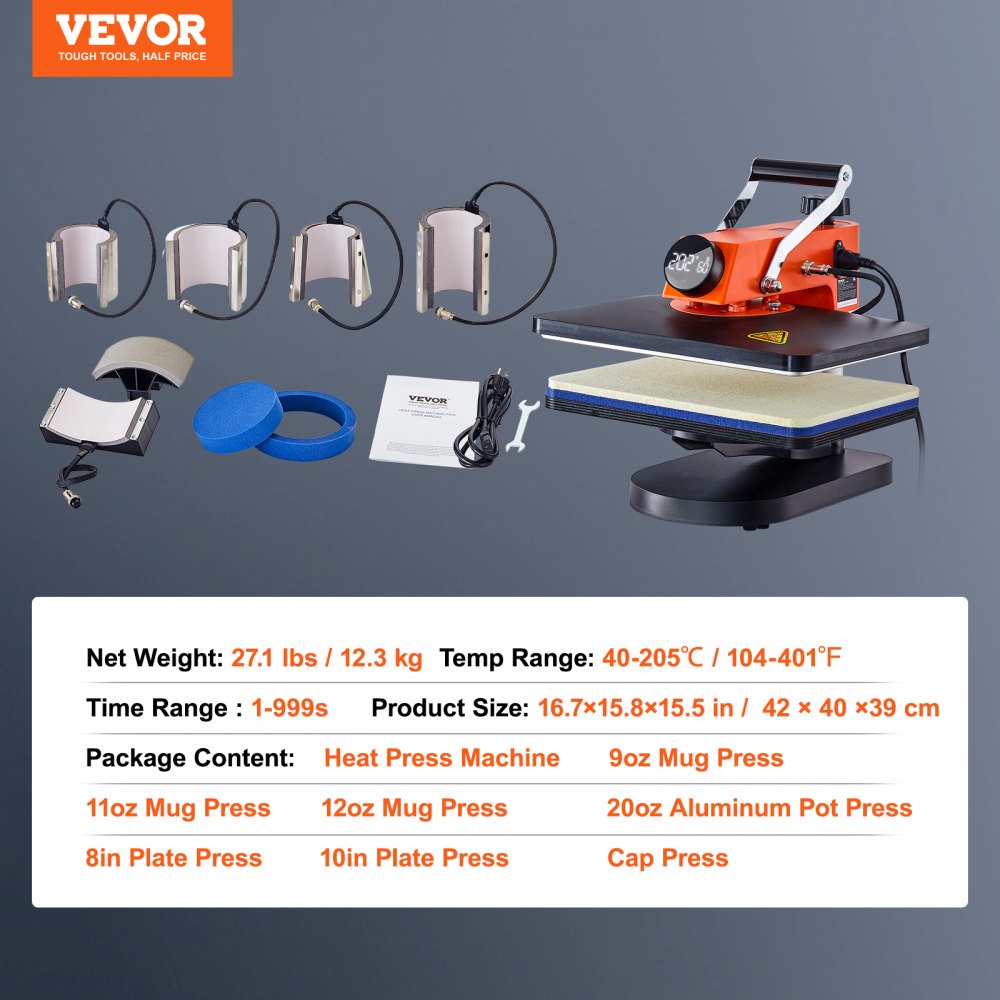 VEVOR Heat Press - 8-in-1 Heat Press Sublimatiemachine voor DIY T-shirts/hoeden/mokken/warmteoverdrachtsprojecten, 12 x 15 multifunctionele wegzwenkbare Heat Press met 360° rotatie