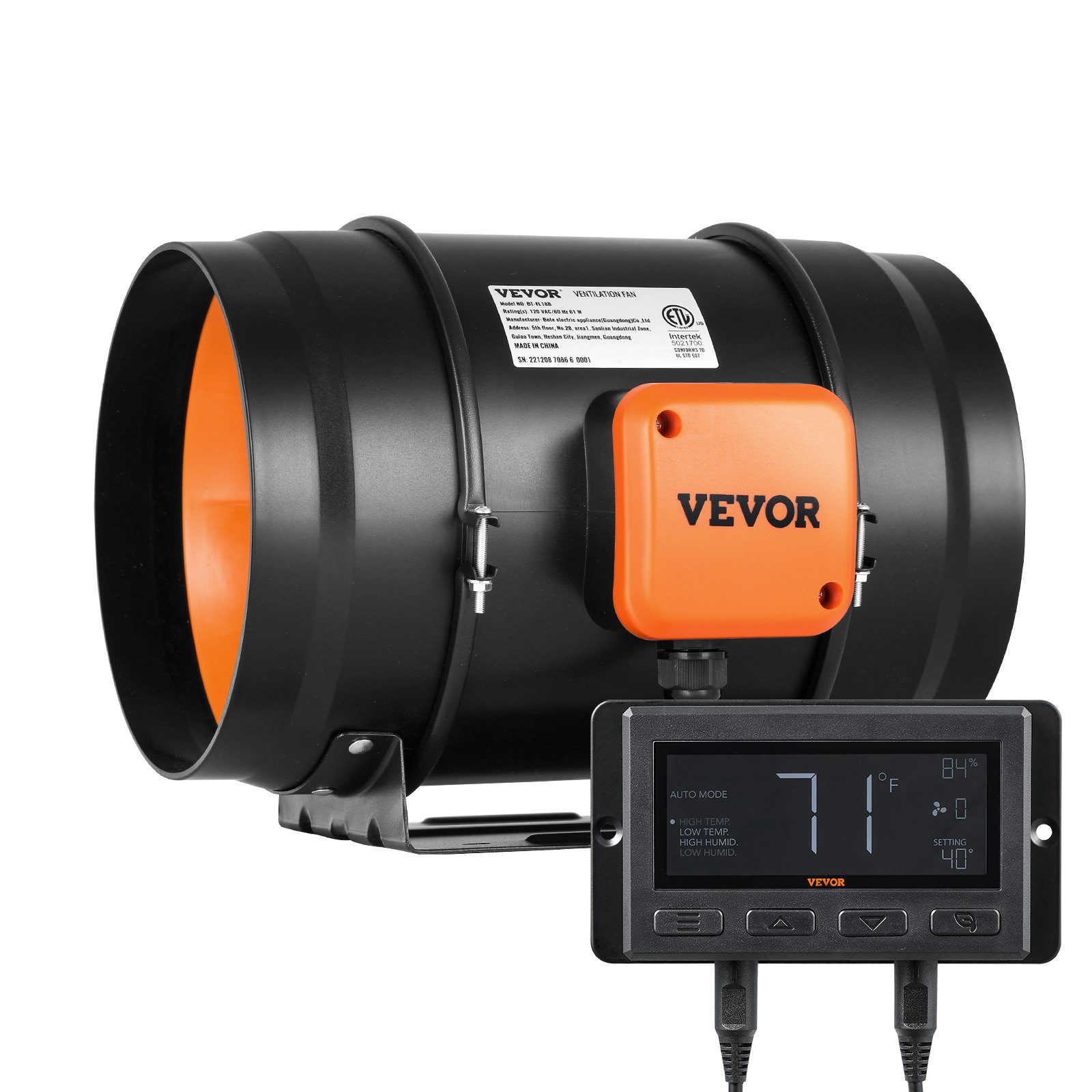 VEVOR Inline Kanaalventilator, 8 inch 807 CFM met temperatuur- en vochtigheidsregelaar, stille EC-motor, ventilatieventilator voor koelboosters, kweektenten en hydrocultuur.