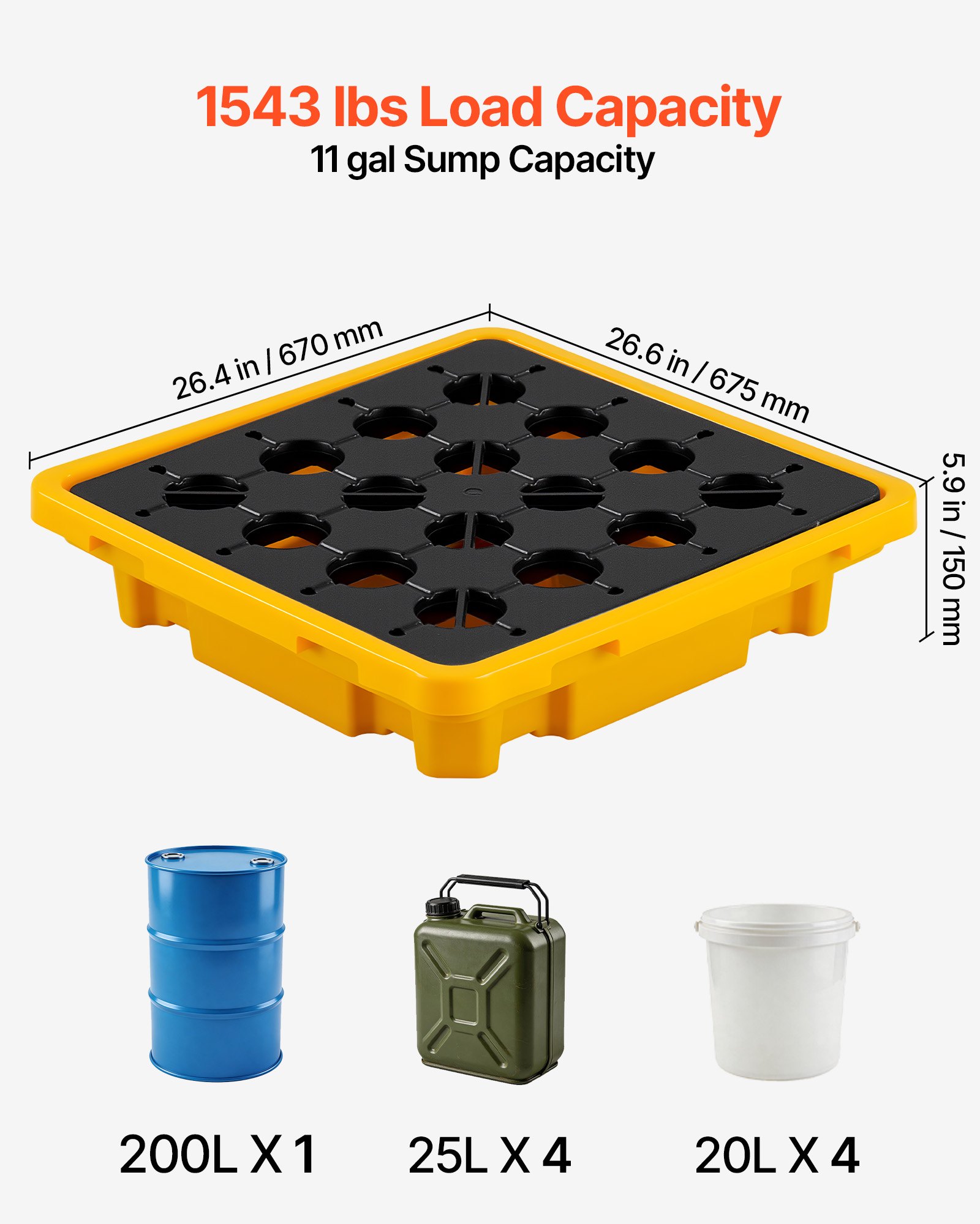 VEVOR lekbak 670x675x150 mm, industriële lekbak met een statisch draagvermogen van 700 kg en een inhoud van 43,2 liter, vatenpallet met afwatering voor 1 vat, lekbak voor opslag en transport