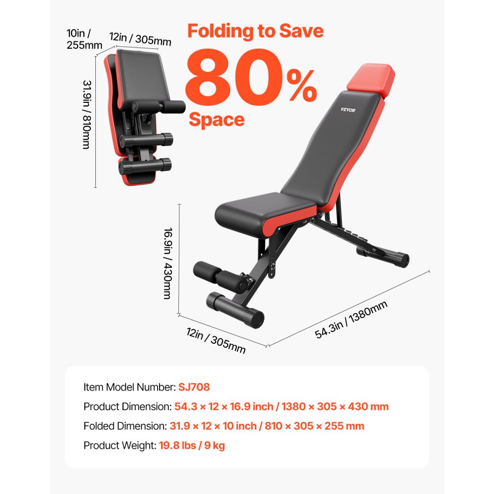 VEVOR Gewichtsbank Verstelbare Trainingsbank voor Full Body Workout (300 kg Laadvermogen), Sit-up Trainingsbank Fitnessbank Vlakke Bank met Verlengde Hoofd-/Nekbescherming en Snel Opvouwbaar