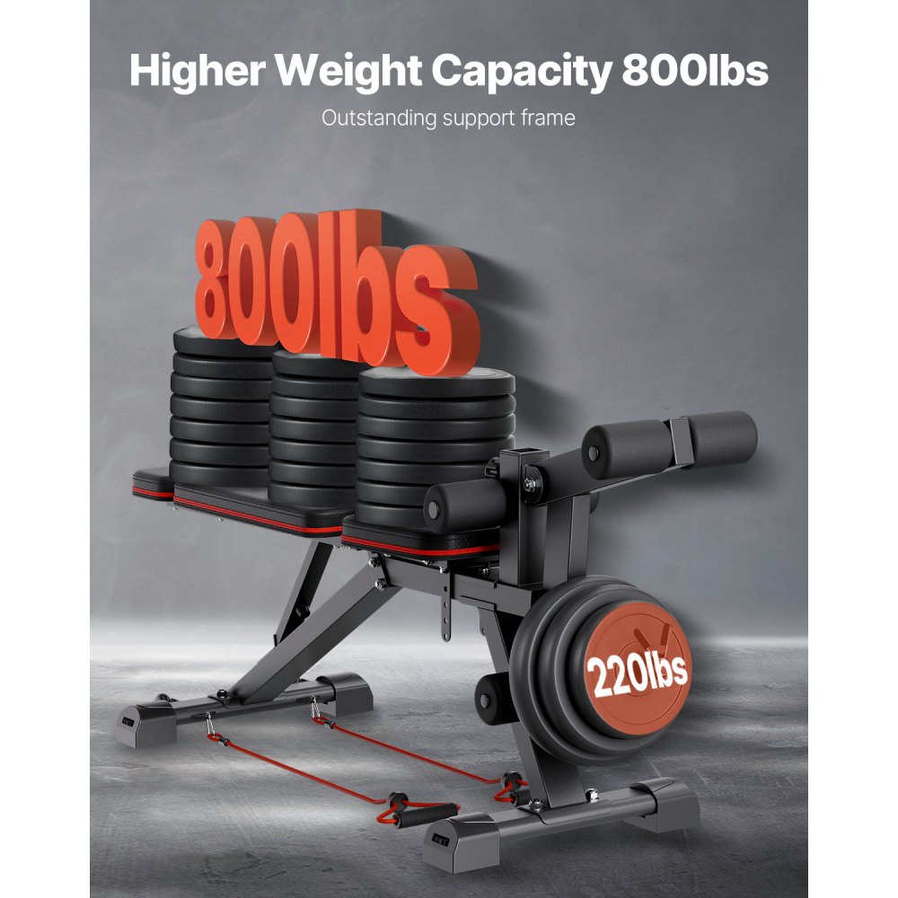 VEVOR Halterbank Verstelbare Trainingsbank voor Full Body Workout (363 kg draagvermogen), Sit-up Trainingsbank Fitnessbank Vlakke Bank met Beenstrekker, Preacher Pad, Snelle Verstelling