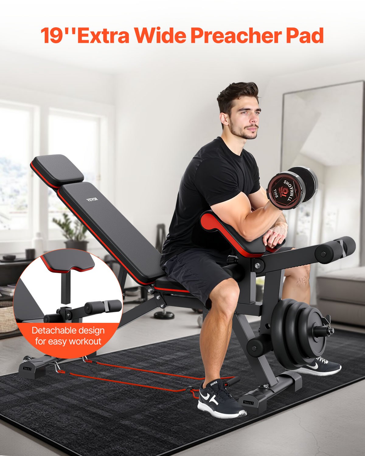 VEVOR Halterbank Verstelbare Trainingsbank voor Full Body Workout (363 kg draagvermogen), Sit-up Trainingsbank Fitnessbank Vlakke Bank met Beenstrekker, Preacher Pad, Snelle Verstelling