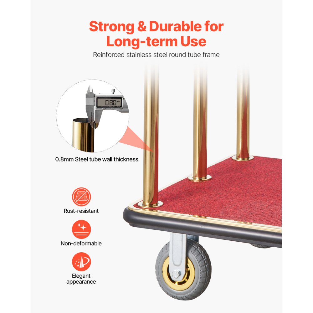 VEVOR Hotelbagagewagen, laadvermogen 500 kg, bagagewagen van roestvrij staal met gebogen palen, valetparkingwagen met rode loper en 15 cm rubberen wielen, ideaal voor hotels, appartementencomplexen en resorts
