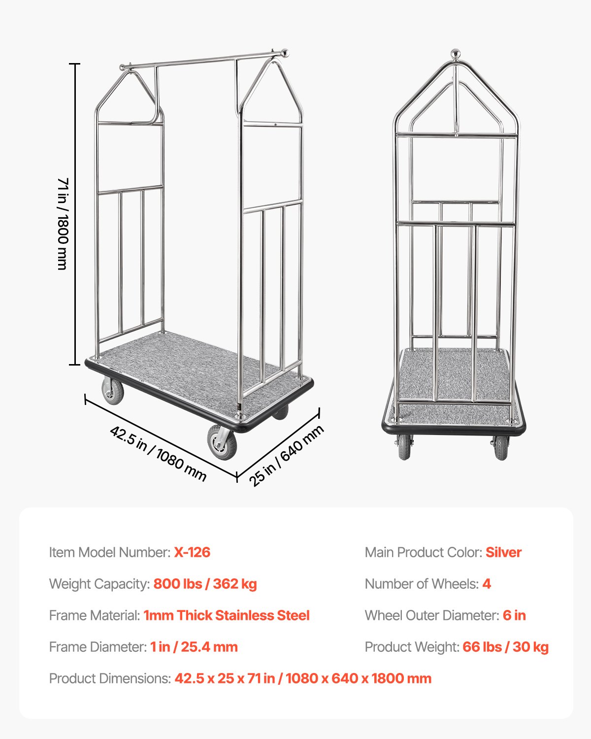 VEVOR Hotelbagagewagen, 362 kg capaciteit, roestvrijstalen bagagewagen, kofferwagen, piccolowagen met grijs tapijt en 15 cm rubberen wielen, ideaal voor hotels, appartementencomplexen, resorts, zilver