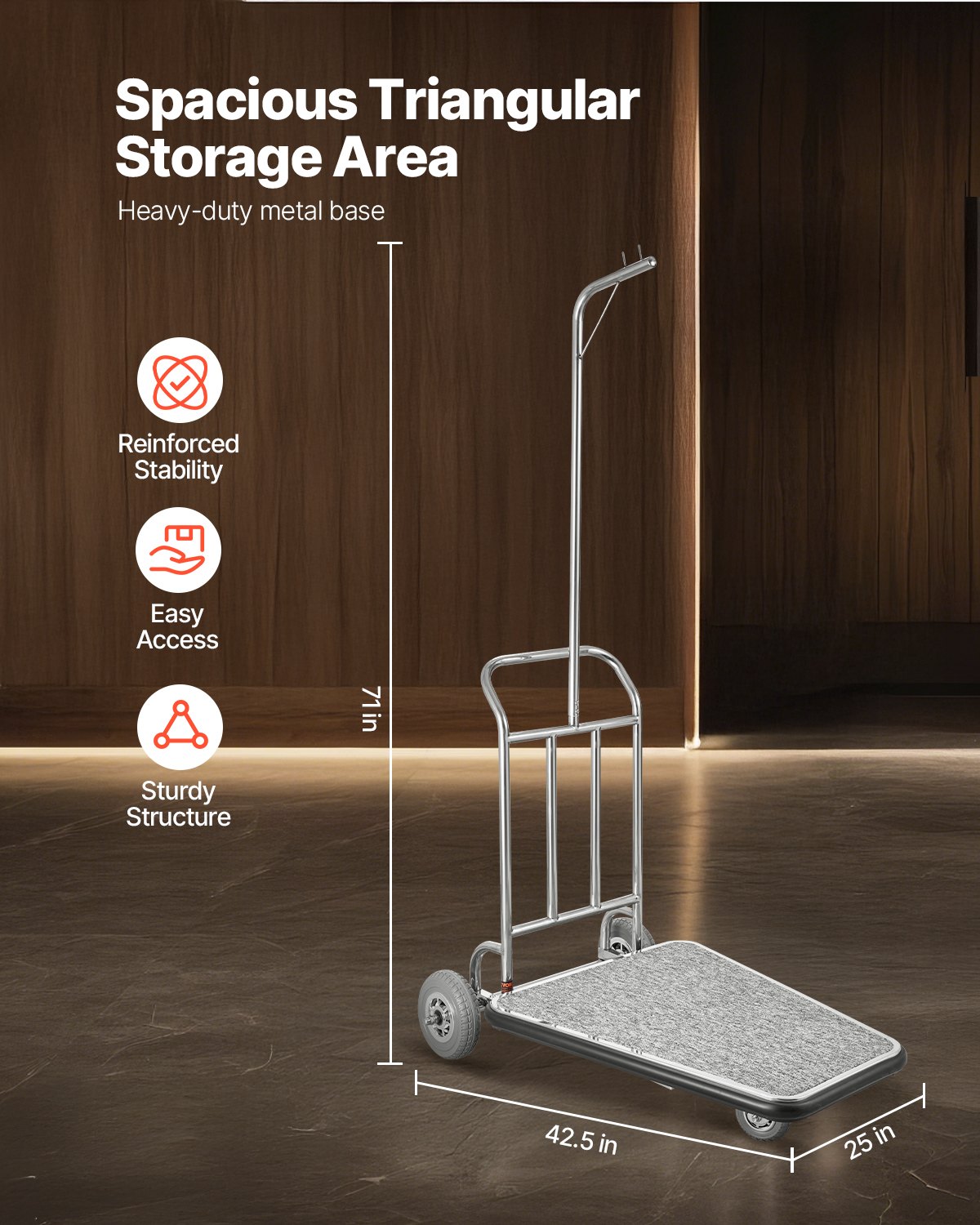 VEVOR Bagagewagen, 272 kg laadvermogen, 3-wielige roestvrijstalen bagagewagen met grijs tapijt en rubberen wielen, ideaal voor congrescentra, hotels en verhuurpanden, zilver, 1080 x 640 x 1800 mm